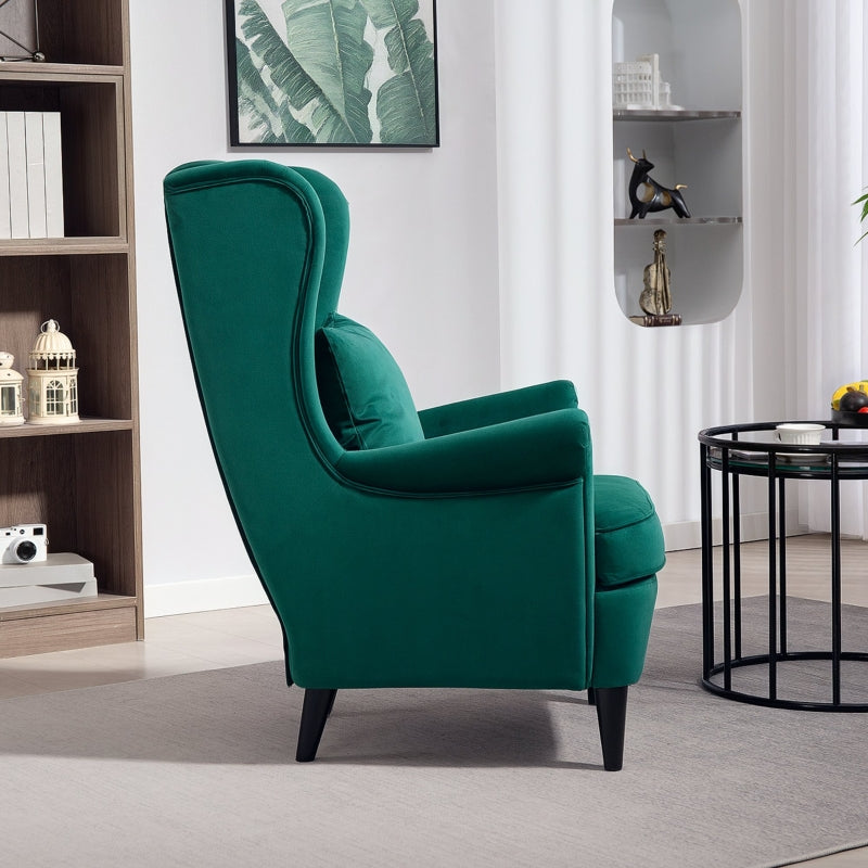 Modern Accent Chair, High Back Wingback Armchair with Pillow, Dark Green Velvet-Feel Fabric