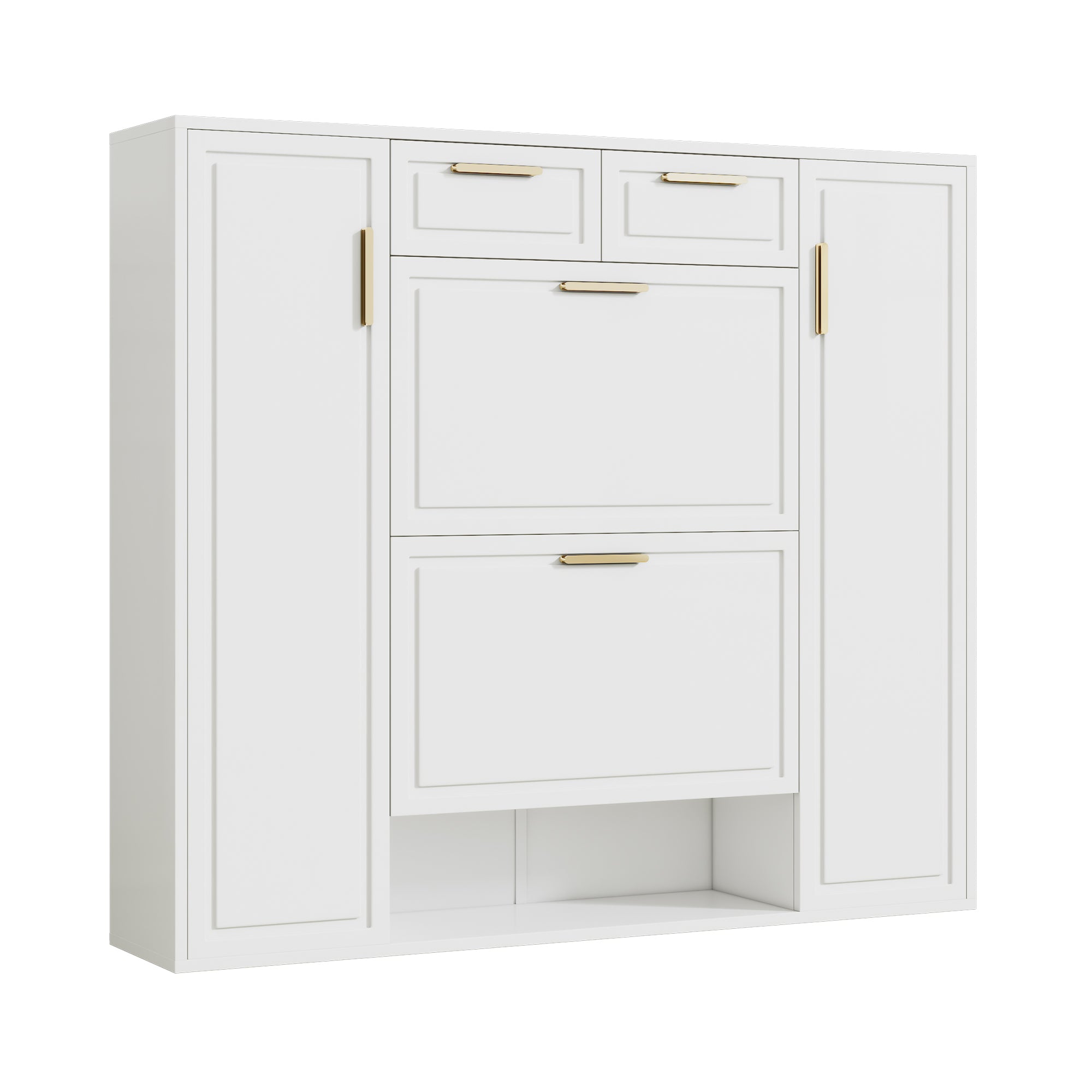 Modern shoe cabinet with adjustable shelves, 2 drawers, folding and 2 doors, white