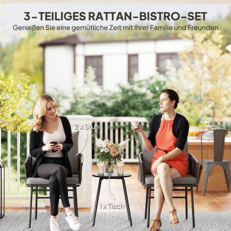Rattan Bistro Set, 3-Piece, 2 Chairs, Coffee Table, Steel, Gray