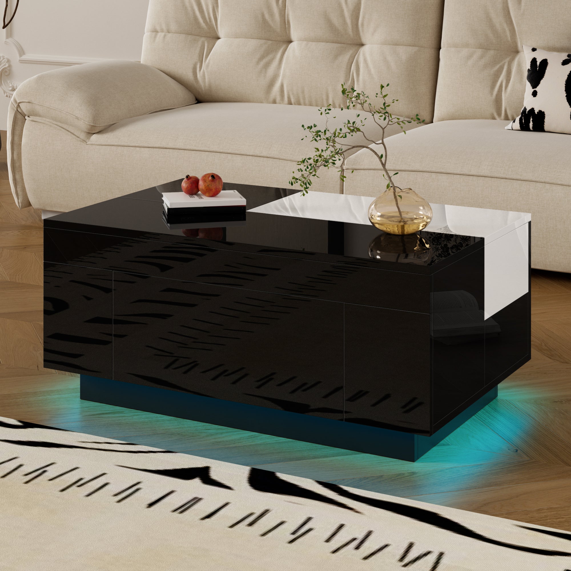 High-gloss Coffee Table with LED Lighting, Extendable, Storage, Black and White