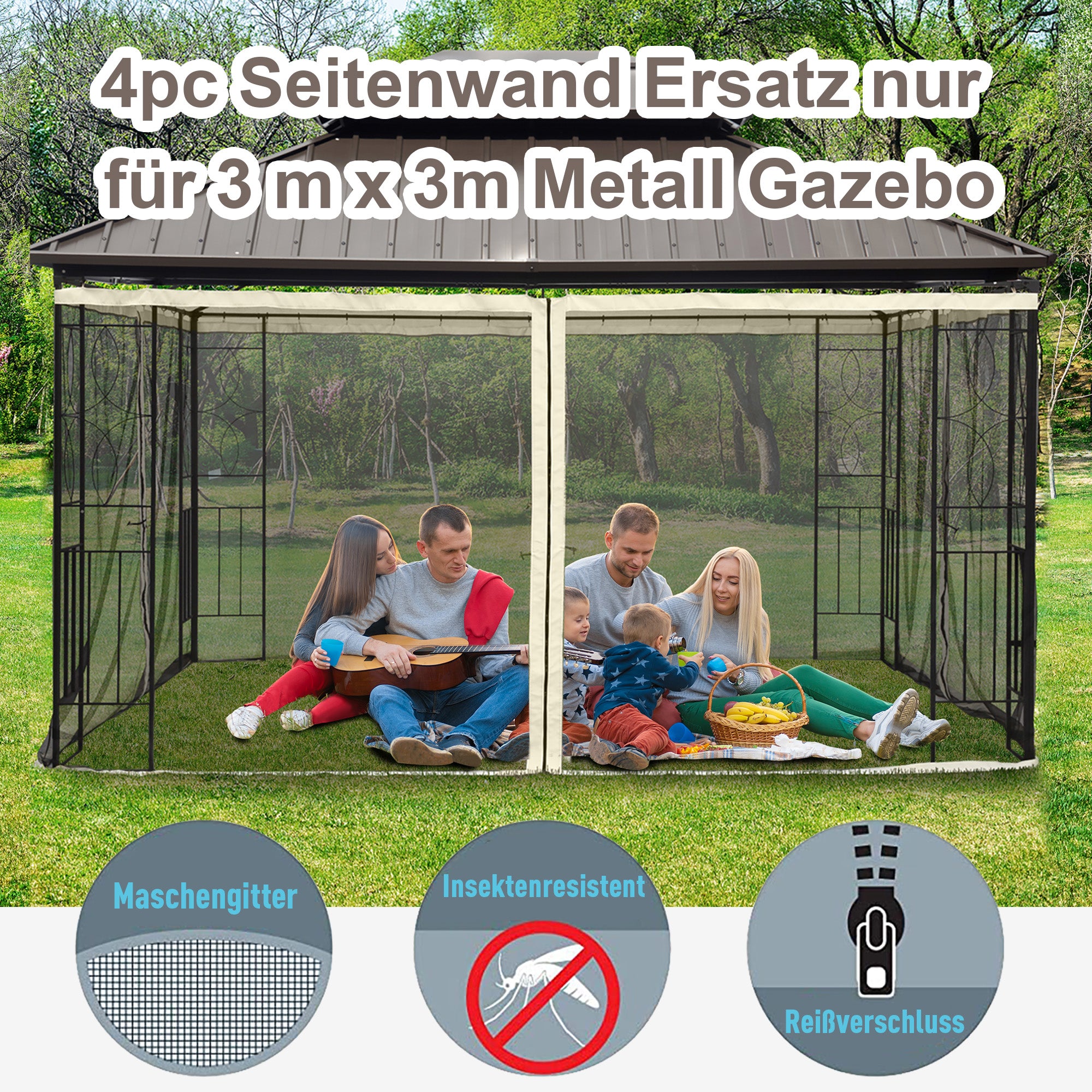 Mosquito Net Gazebo 3x3m 4 Side Panels Zipper Nylon Mesh Black