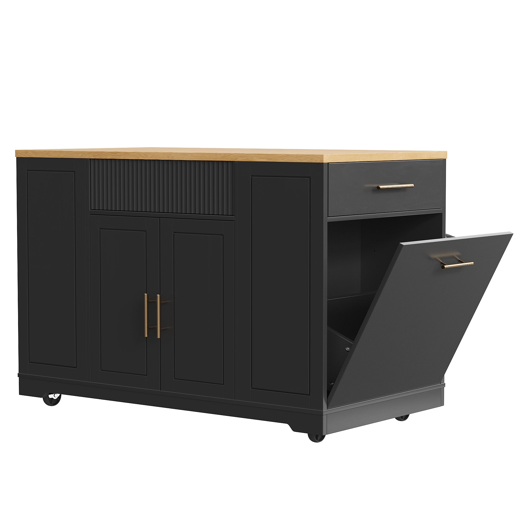 Kitchen Island with Waste Bin Compartment, 2 Doors & 3 Drawers, Black Wood Grain