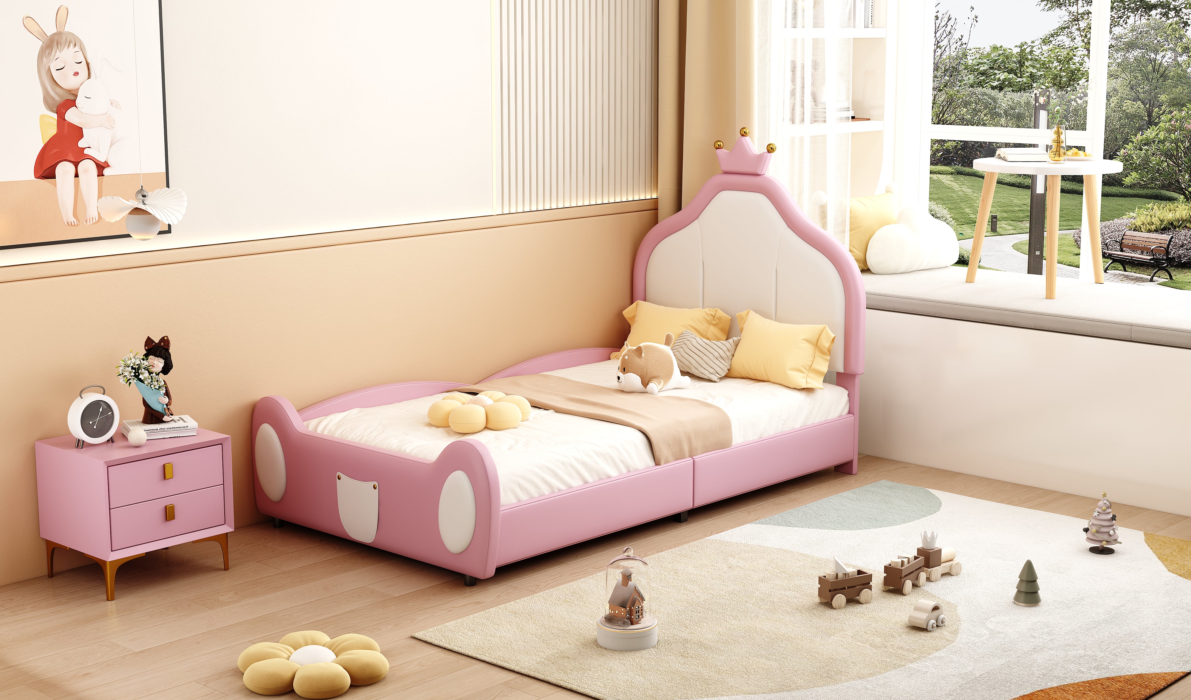 Upholstered Children's Bed 90x200cm Patchwork Design Faux Leather Pink