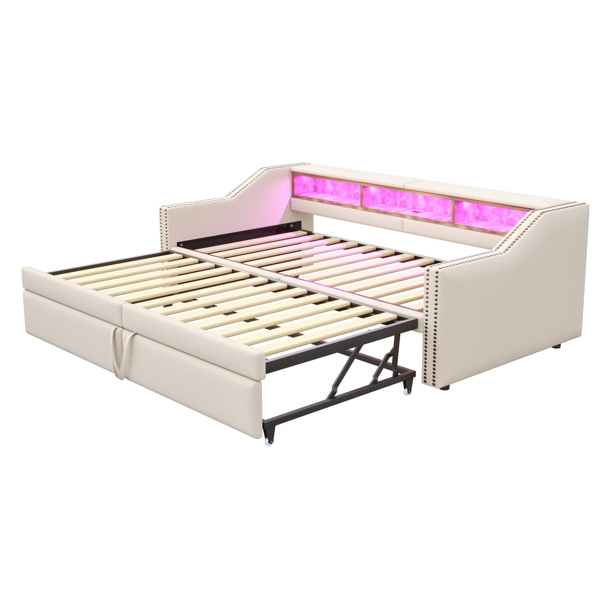Upholstered Bed, Pull-Out Sofa Bed with Storage, LED & USB, Beige