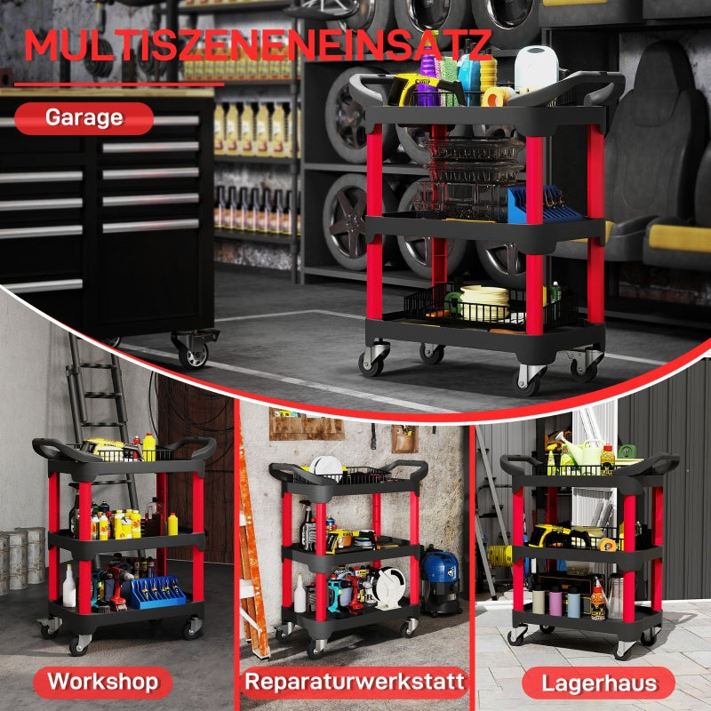 Workshop trolley with 3 levels, handle, 68 kg load capacity, black