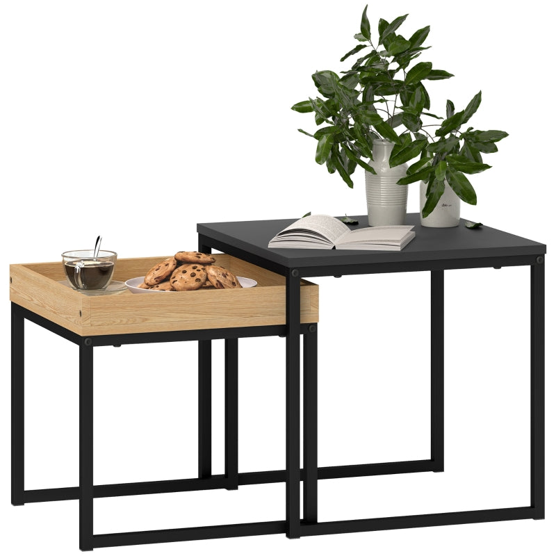 Set of Two Boxy Nesting Tables Black/Wood-Effect Steel
