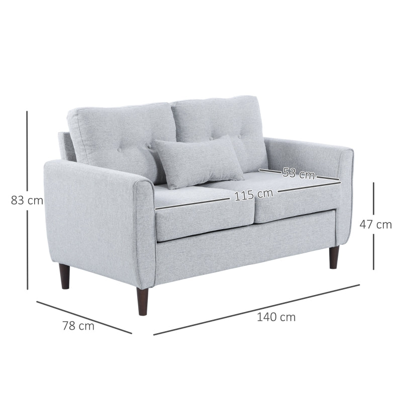 2 Seater Sofa, 140cm Tufted Love Seat with Wooden Legs, Light Grey Fabric