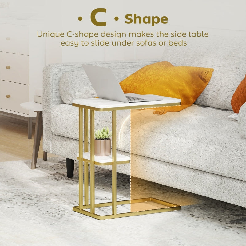 C-Shaped Narrow Side Table, 2-Tier Slim End Table Nightstand for Small Spaces, White Marble Grain