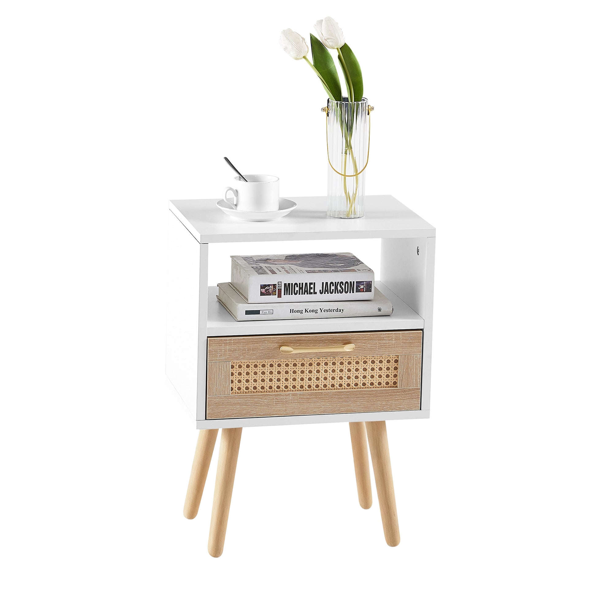 Rattan Side Table with Drawer and Solid Wood Legs, White