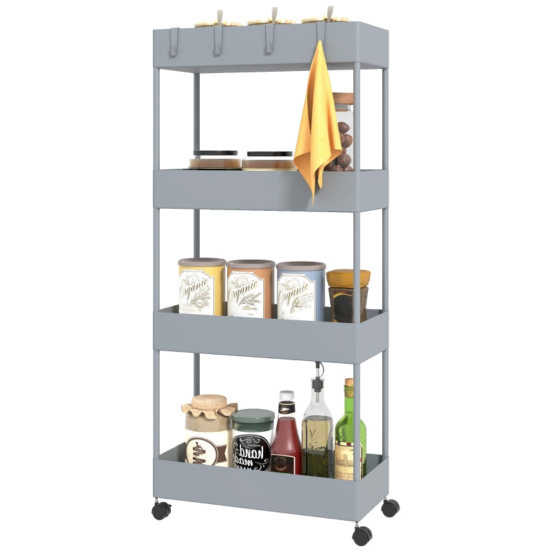 Rolling Cart, 4-Tier Shelf with Wheels and Brakes, Plastic, Gray