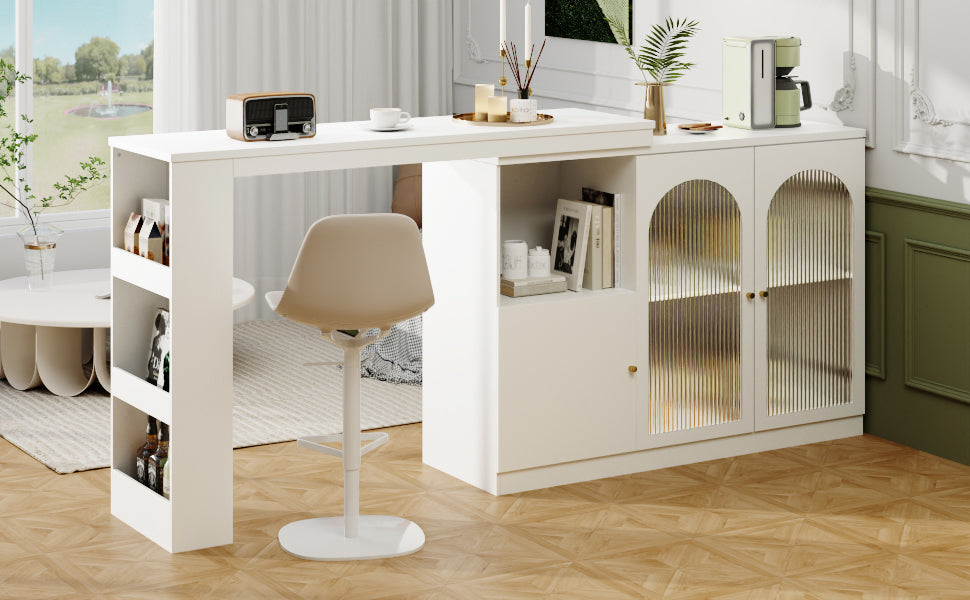 Bar Table, 360° Rotating Dining Cabinet with Glass Door, White