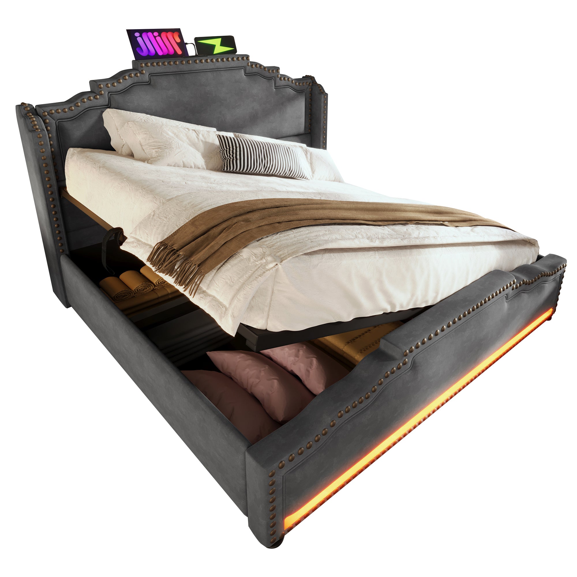 Upholstered Bed 160x200, Hydraulic Storage, LED, USB-C, Velvet Grey