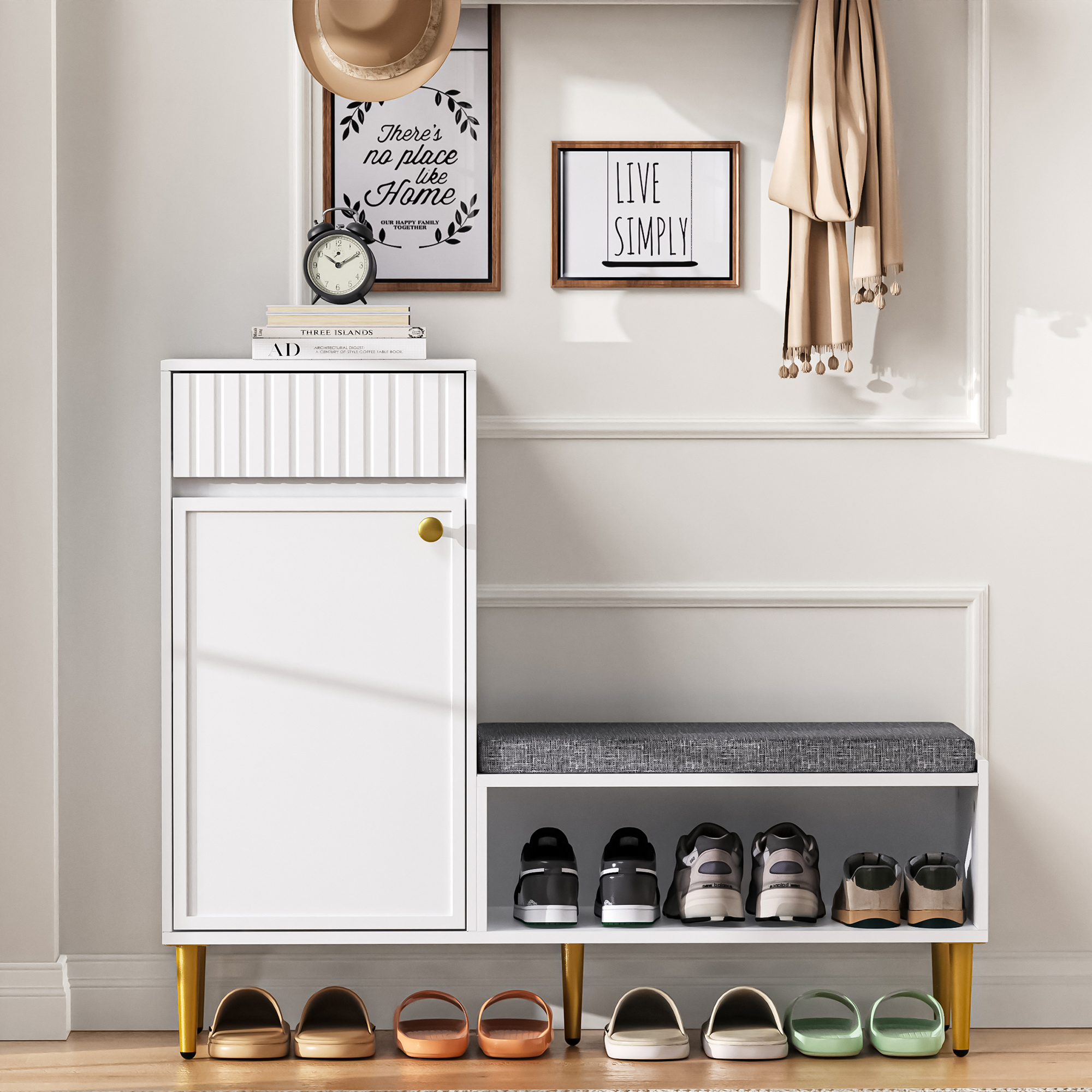 Shoe Cabinet with Bench, Upholstered, 1 Door 1 Drawer 1 Open Shelf, White