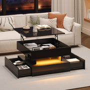 Liftable Coffee Table, 65 x 65 x 38.5 cm, High-Gloss with LED Light Strip, 2 Drawers, Black