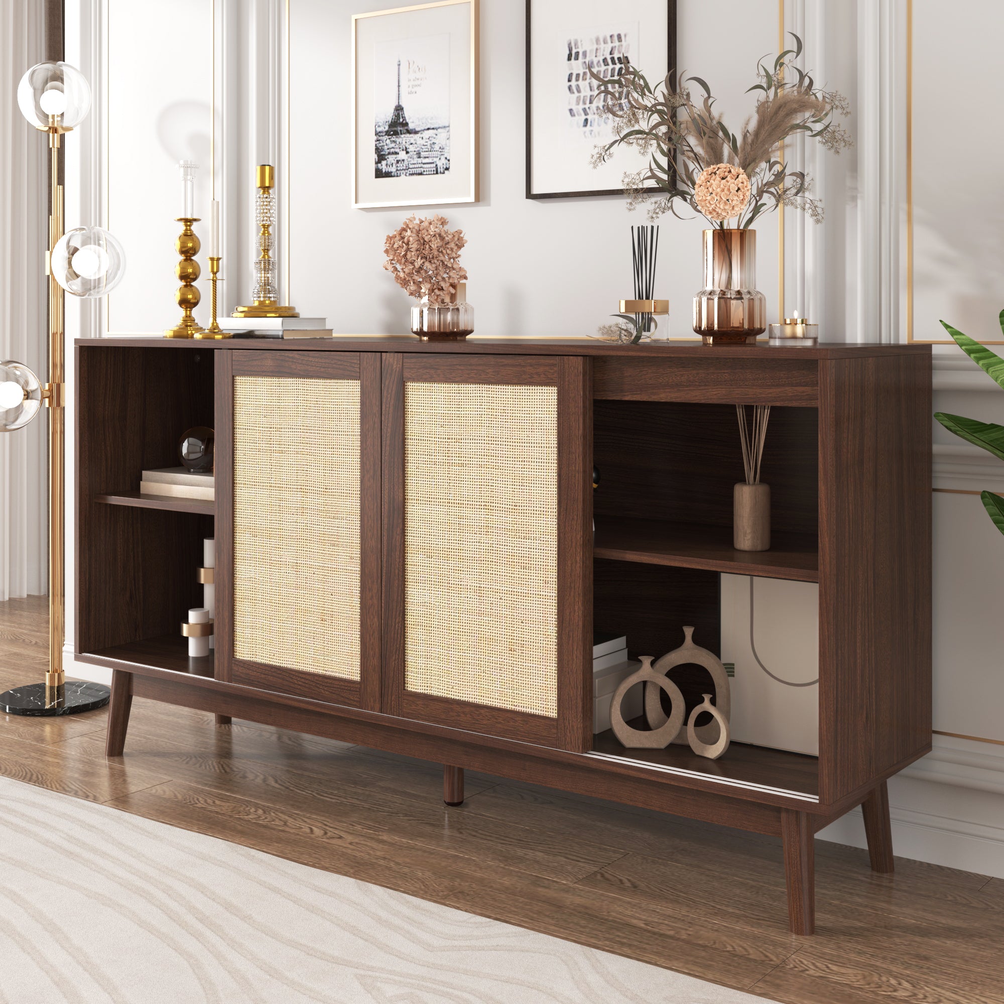 Sideboard, 3 Sliding Rattan Doors, 2 Drawers, Dark Wood