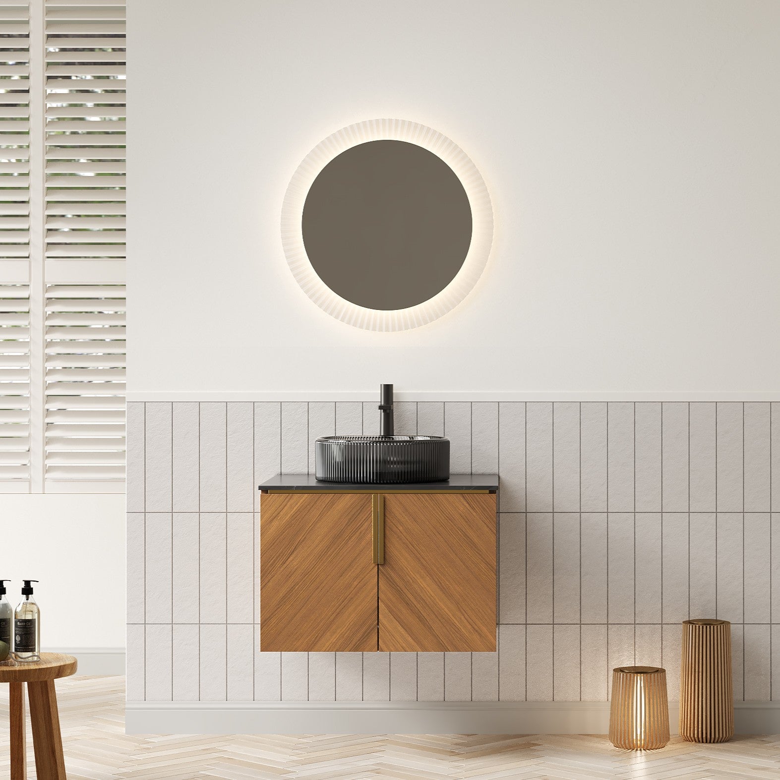 ARAI 61cm Wall Mount Bathroom Vanity with Black Round Glass Basin and 2 Doors, Espresso Wood Grain