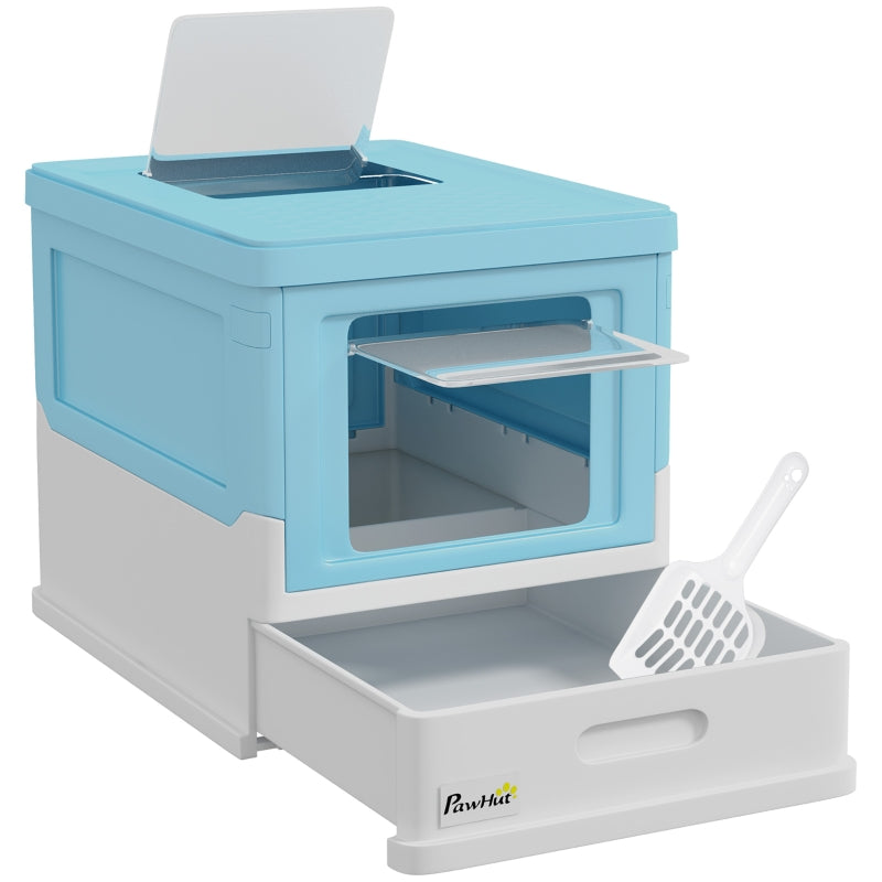 Hooded Cat Litter Box, Portable Pet Toilet, Scoop and Front Entry - Light Blue