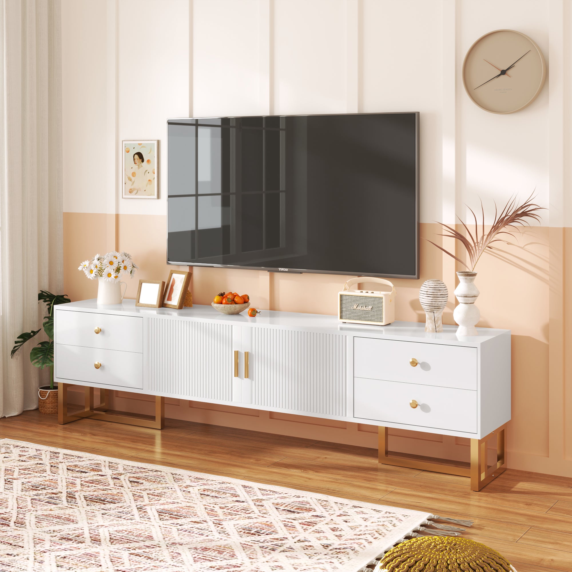 TV Cabinet, Low Panel with Textured Door & Drawers, Gold Handles & Feet