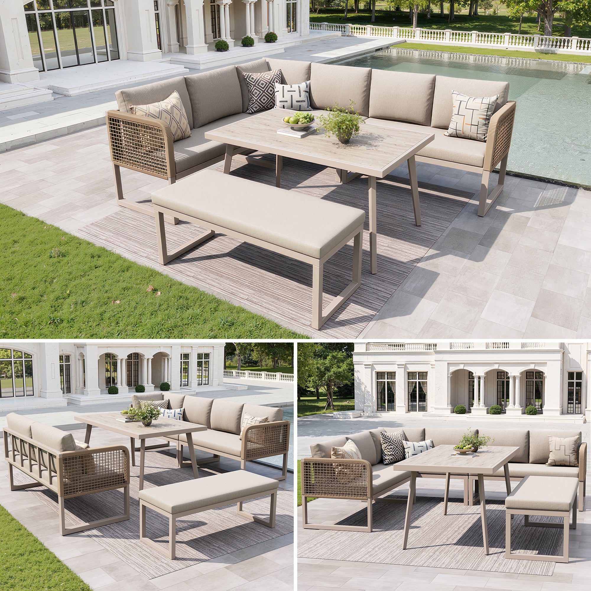 Patio Sofa Set 6-8 Seater Lounge Woven PE Rattan Cushions - Beige