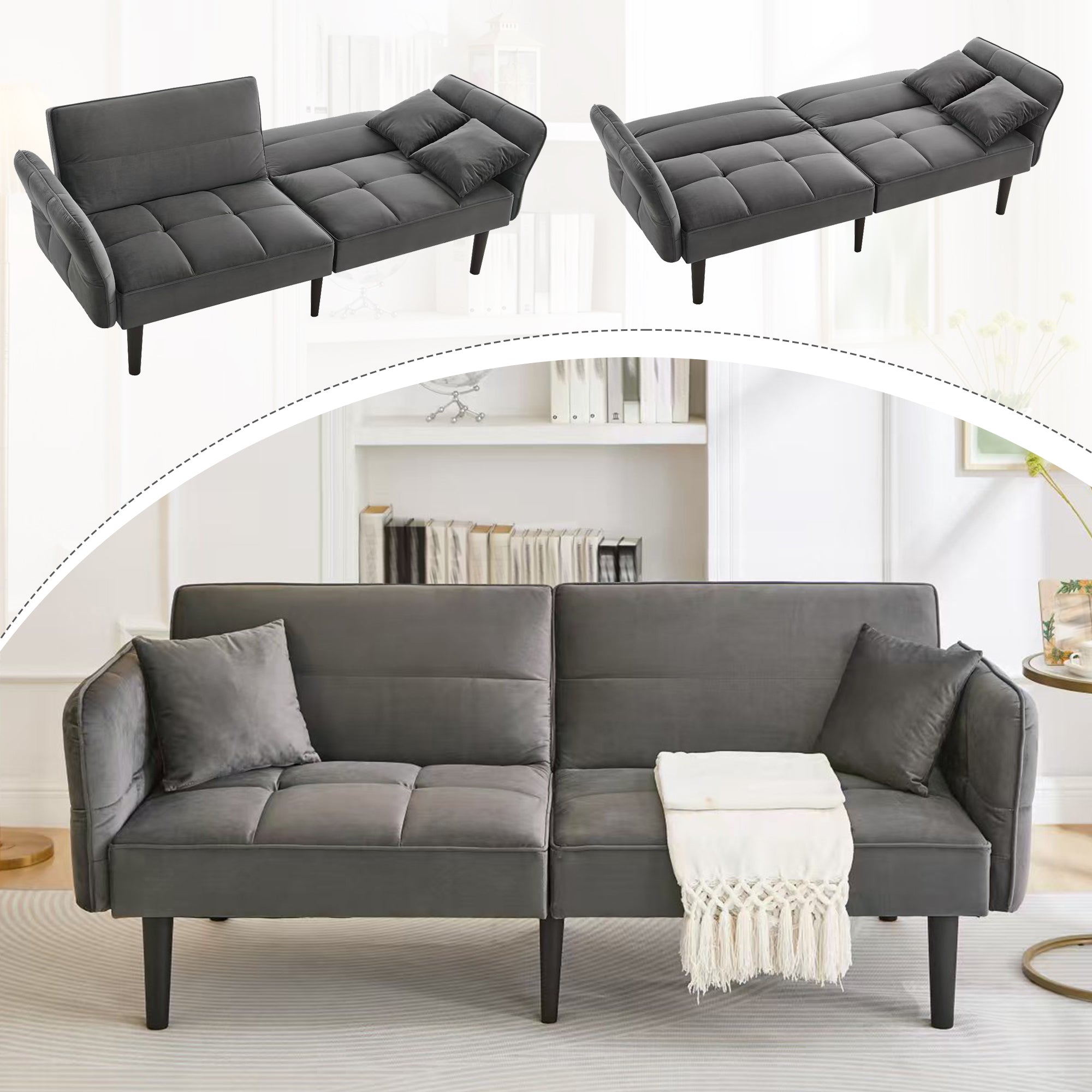 2-in-1 Sofa Bed, Two-seater Folding Armrests Sleeper, Velvet