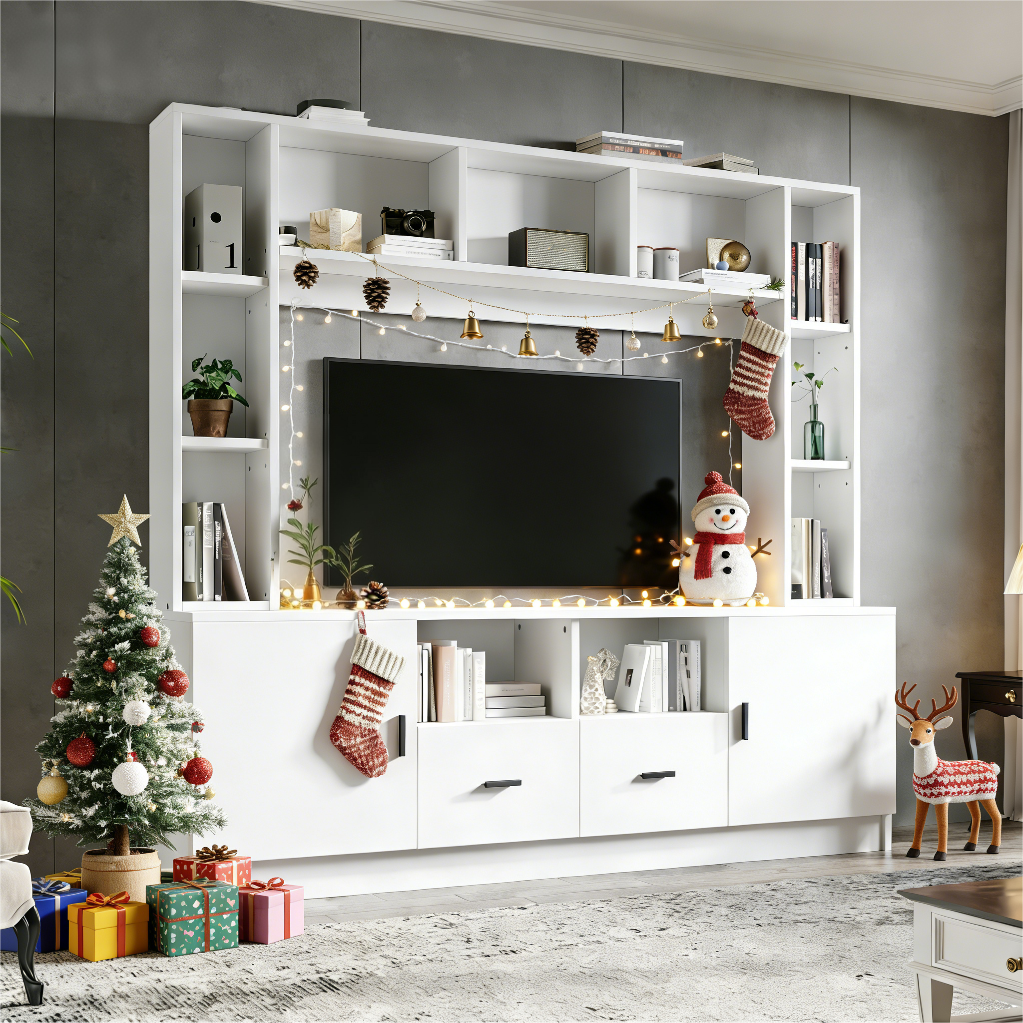 TV Wall Unit Set with Display Cabinet, Media Stand, Shelf, 2 Cabinets, 2 Drawers, for up to 60" TV, White
