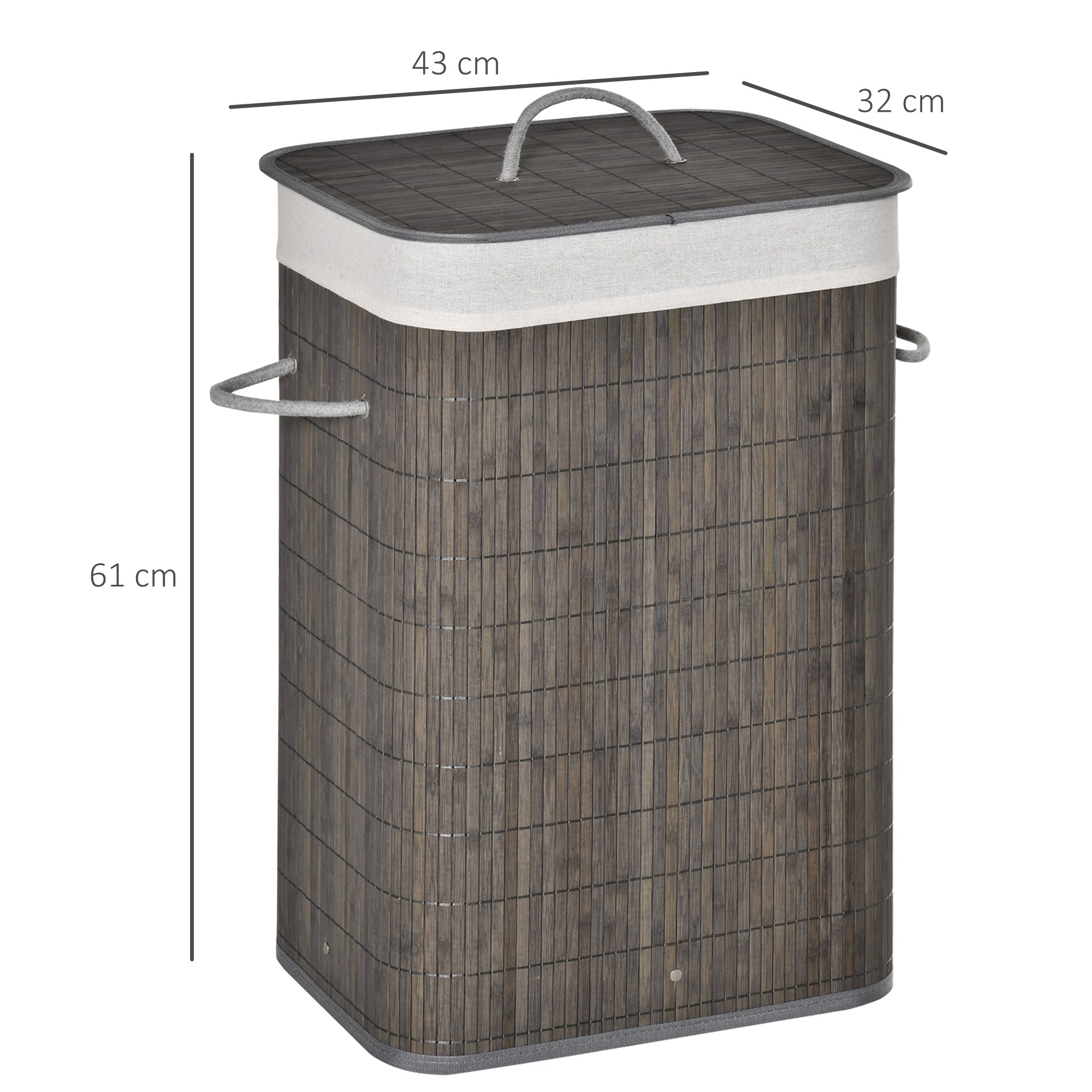Bamboo Laundry Basket 83L with Lid, Handles, Removable Bag, Gray