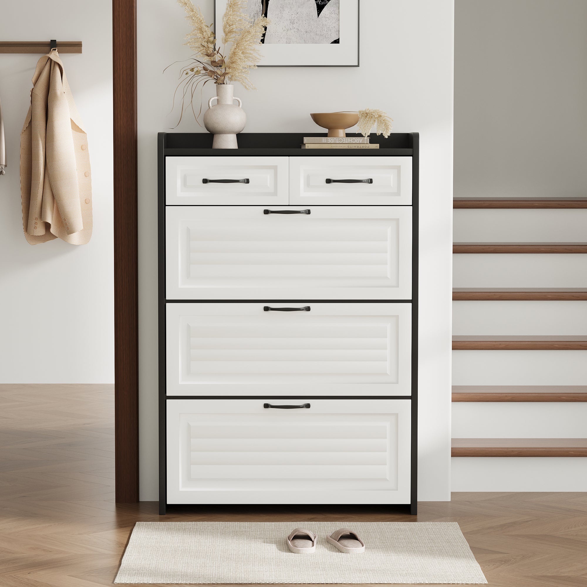 Shoe Cabinet with Rotating Rack, 3 Doors & 2 Drawers, Wooden
