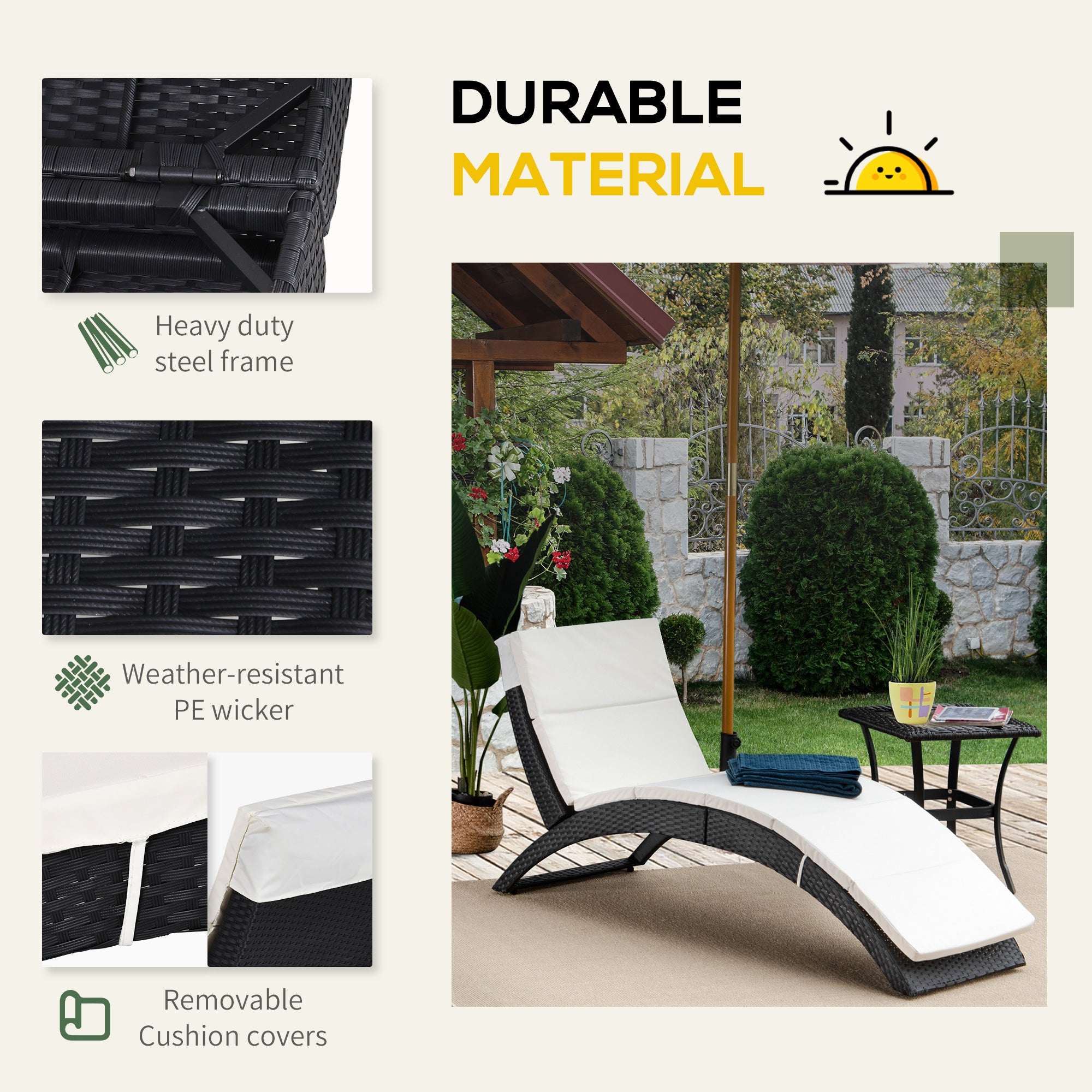 Outdoor Sun Lounger Foldable Ergonomic Curved Design Soft Padded Cushion PE Rattan Black
