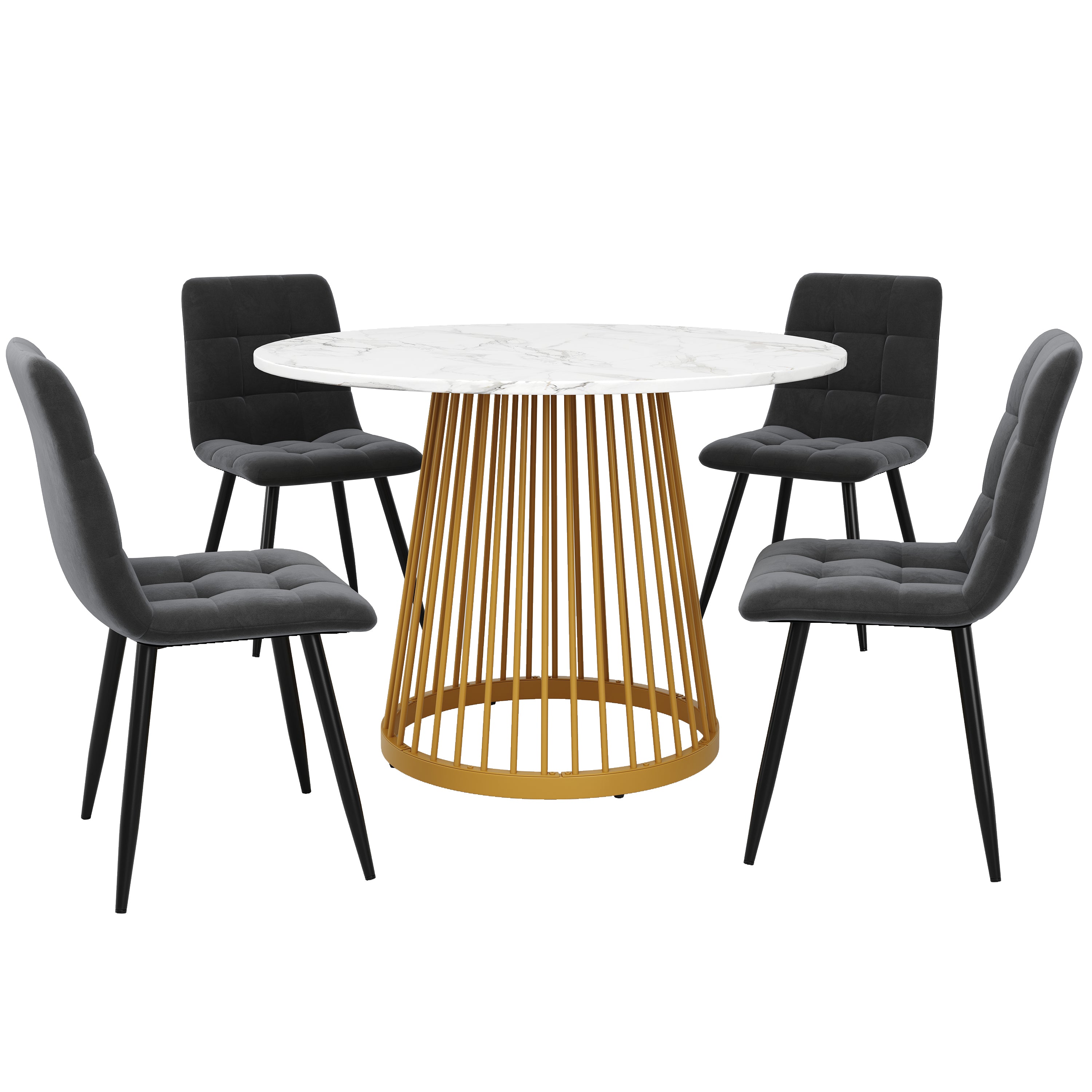 Dining Table Set 5-Piece Round 80cm Gold Metal Legs White MDF Top Dark Grey Velvet