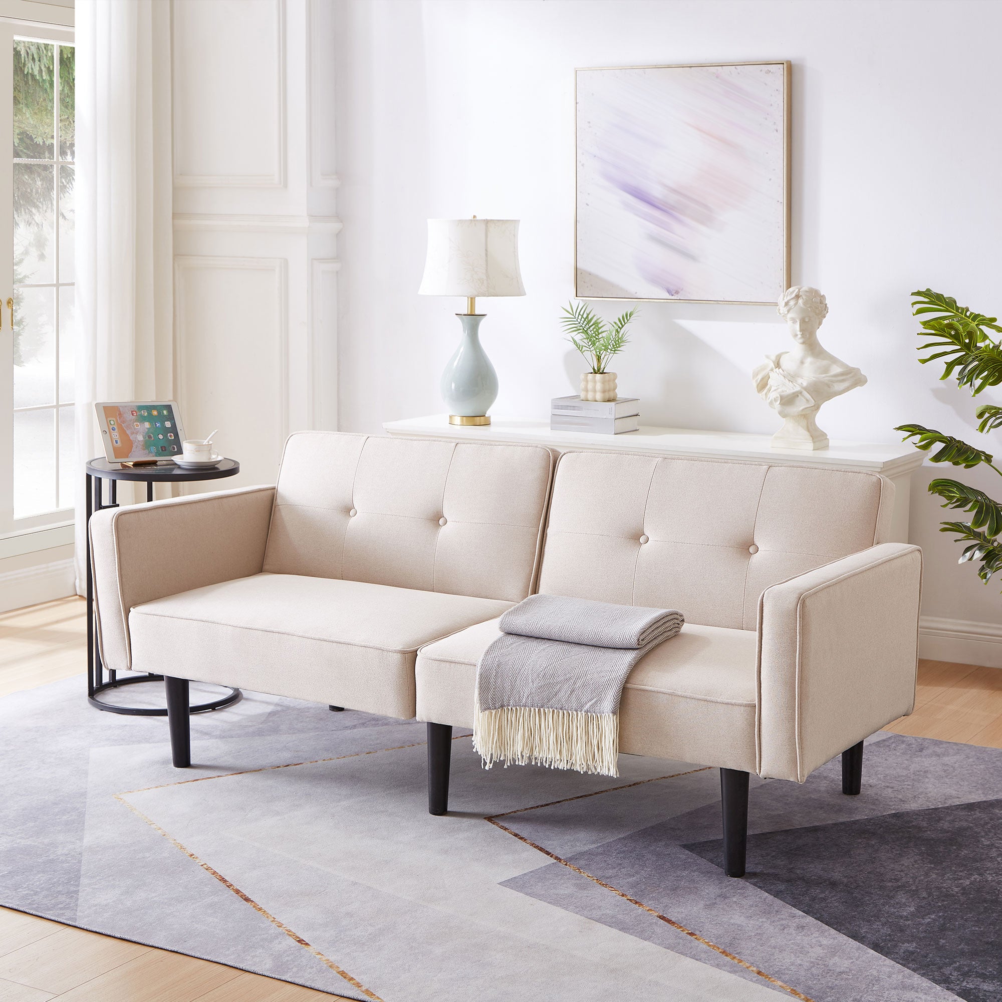 Sofa Bed, 2-in-1 Adjustable with Independently Adjustable Backrests, Cotton Linen Fabric