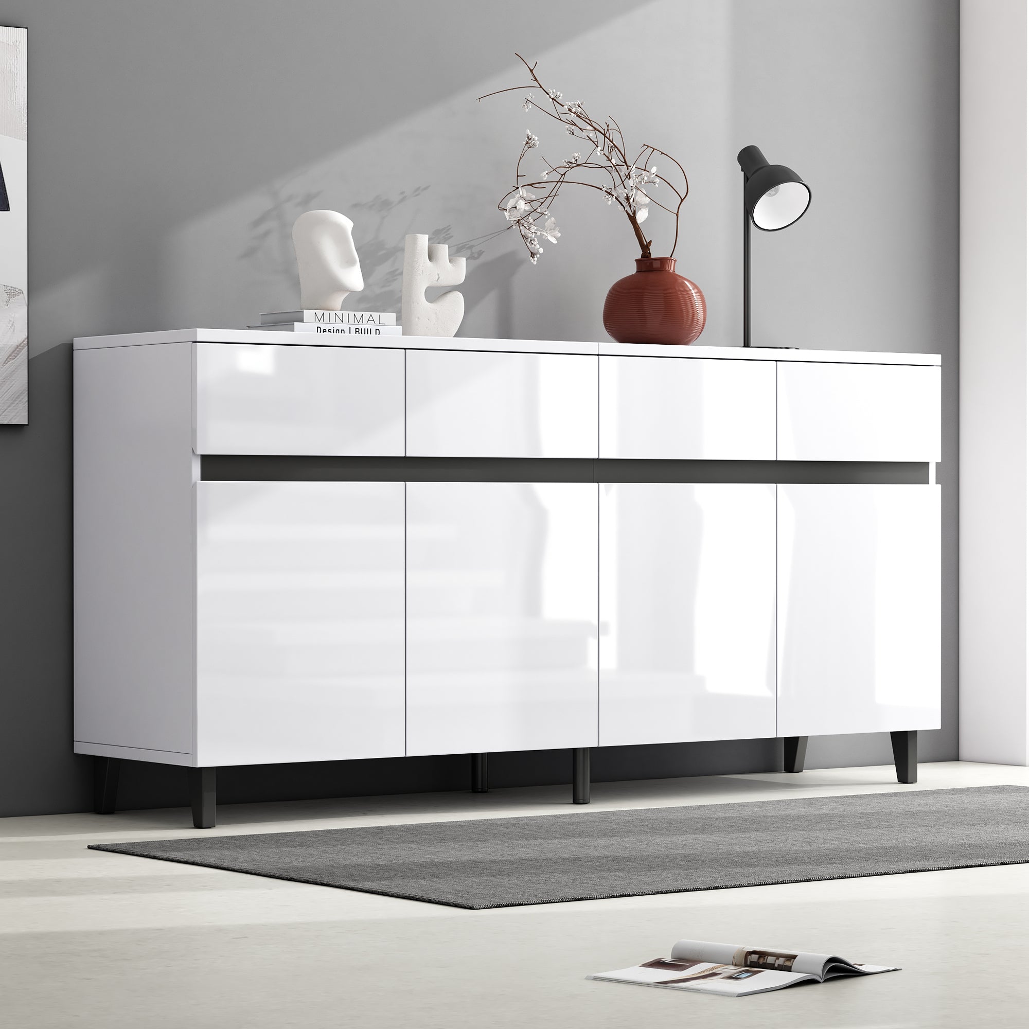 N625P228826849W Sideboard with 4 Drawers, 2 Doors & Adjustable Shelves, High-Gloss White