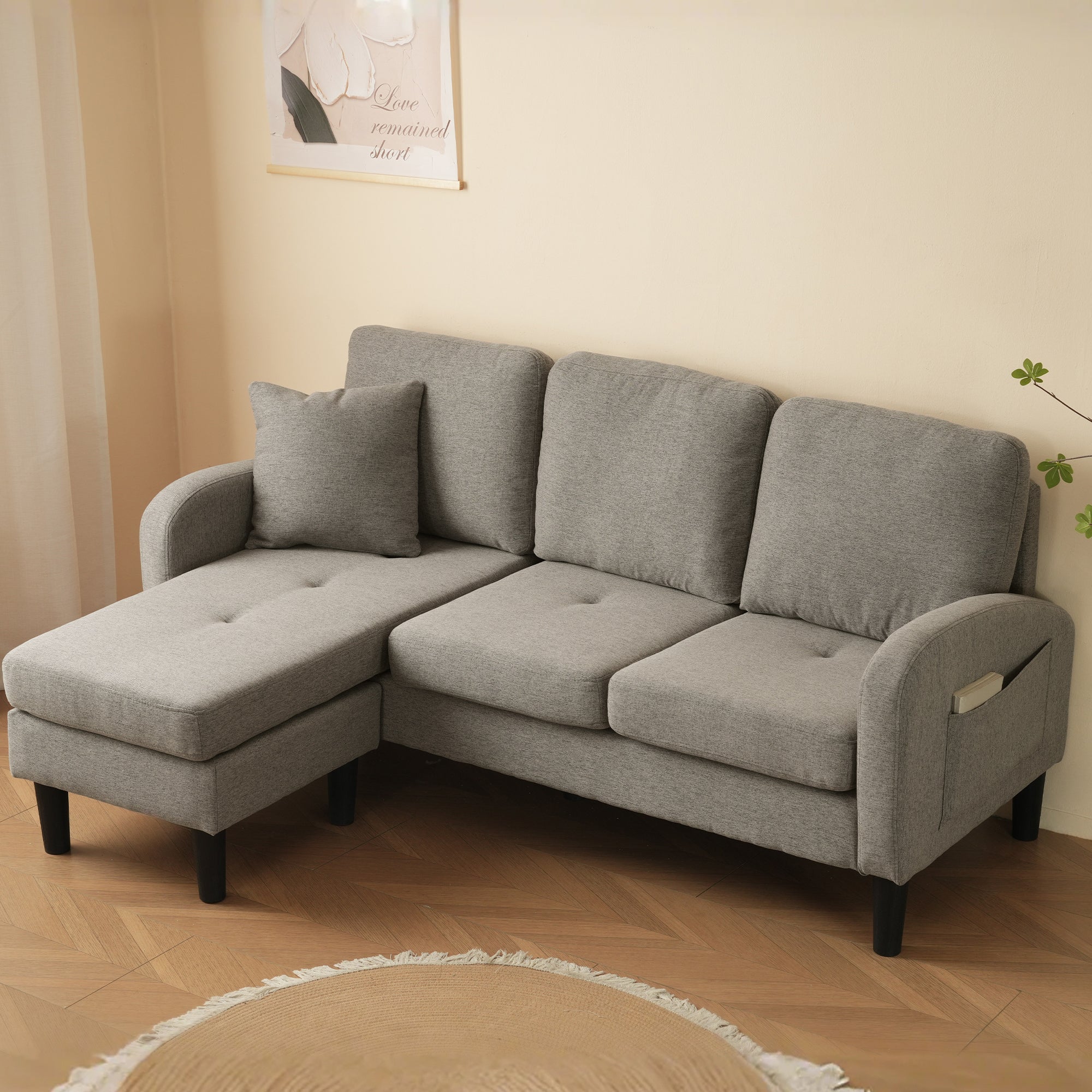 Sofa, L-Shaped Corner with Chaise, 3-Seater, Cotton Linen