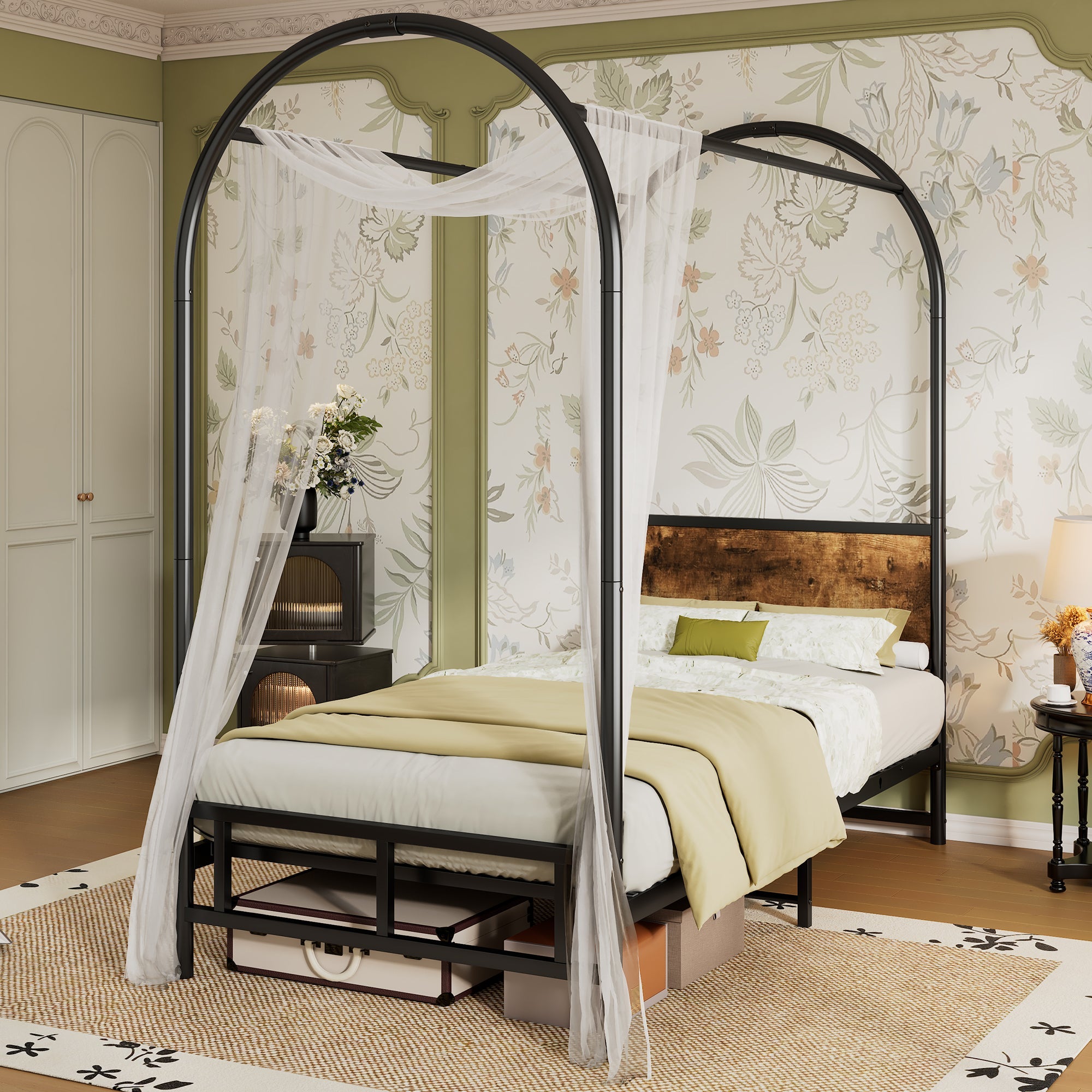 Metal Bed, 3FT Single Bed 90x190cm, Durable and Sturdy Canopy Twin Bed, Black+Wood Color, Iron