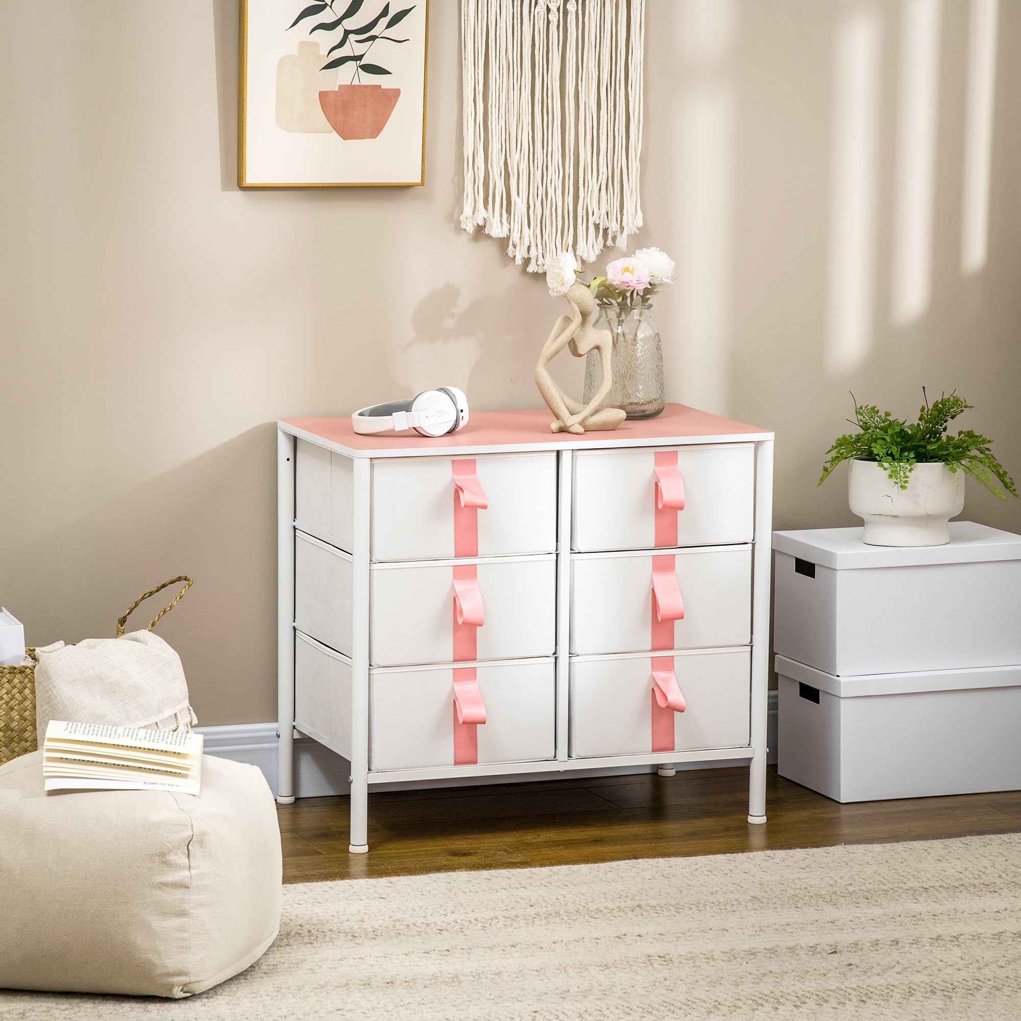 Chest of Drawers: 6 Fabric Drawers, Metal Frame, Wooden Top, Pink