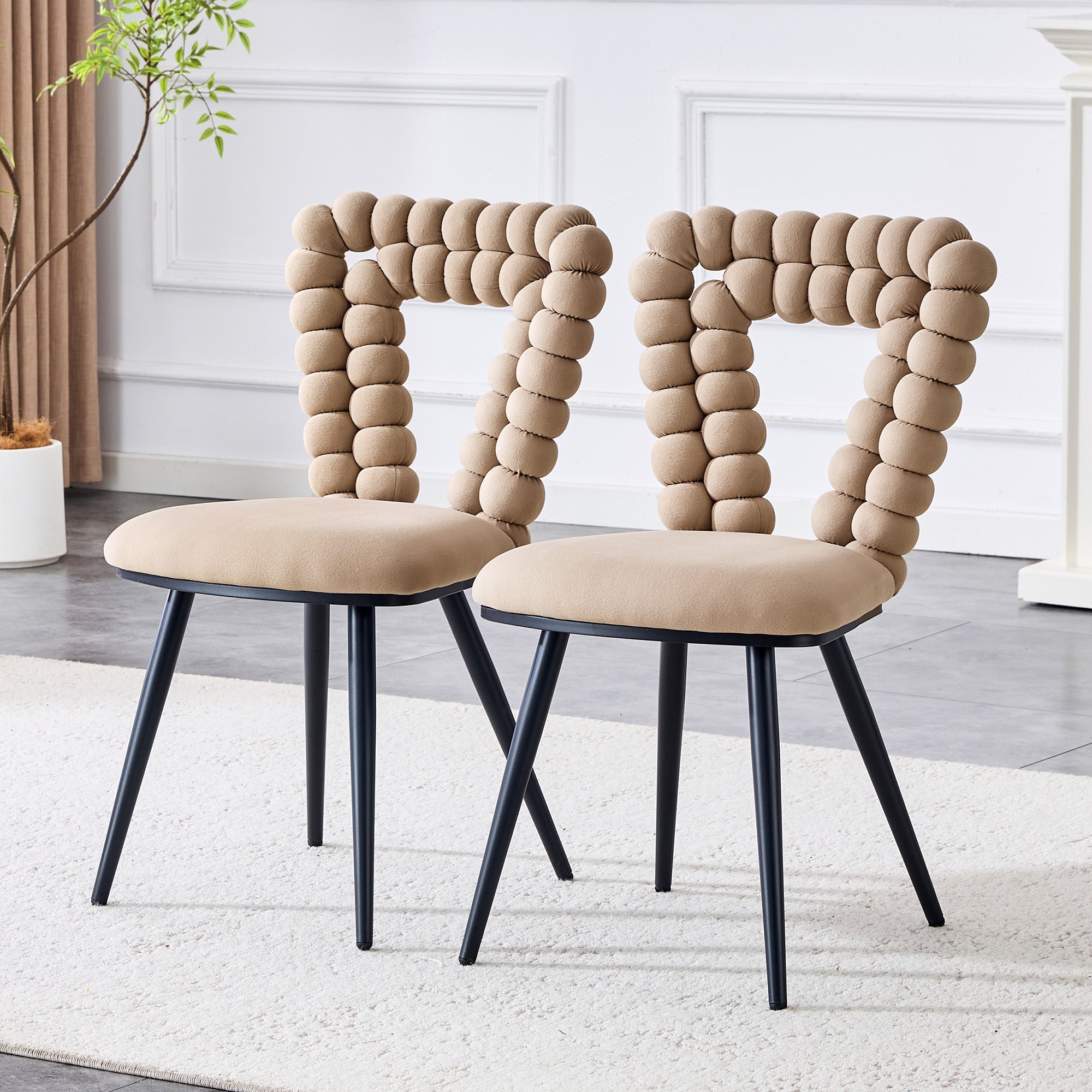 Camel Dining Chairs (Set of 2), Triangular Cutout Backrest, Black Metal Legs, Velvet