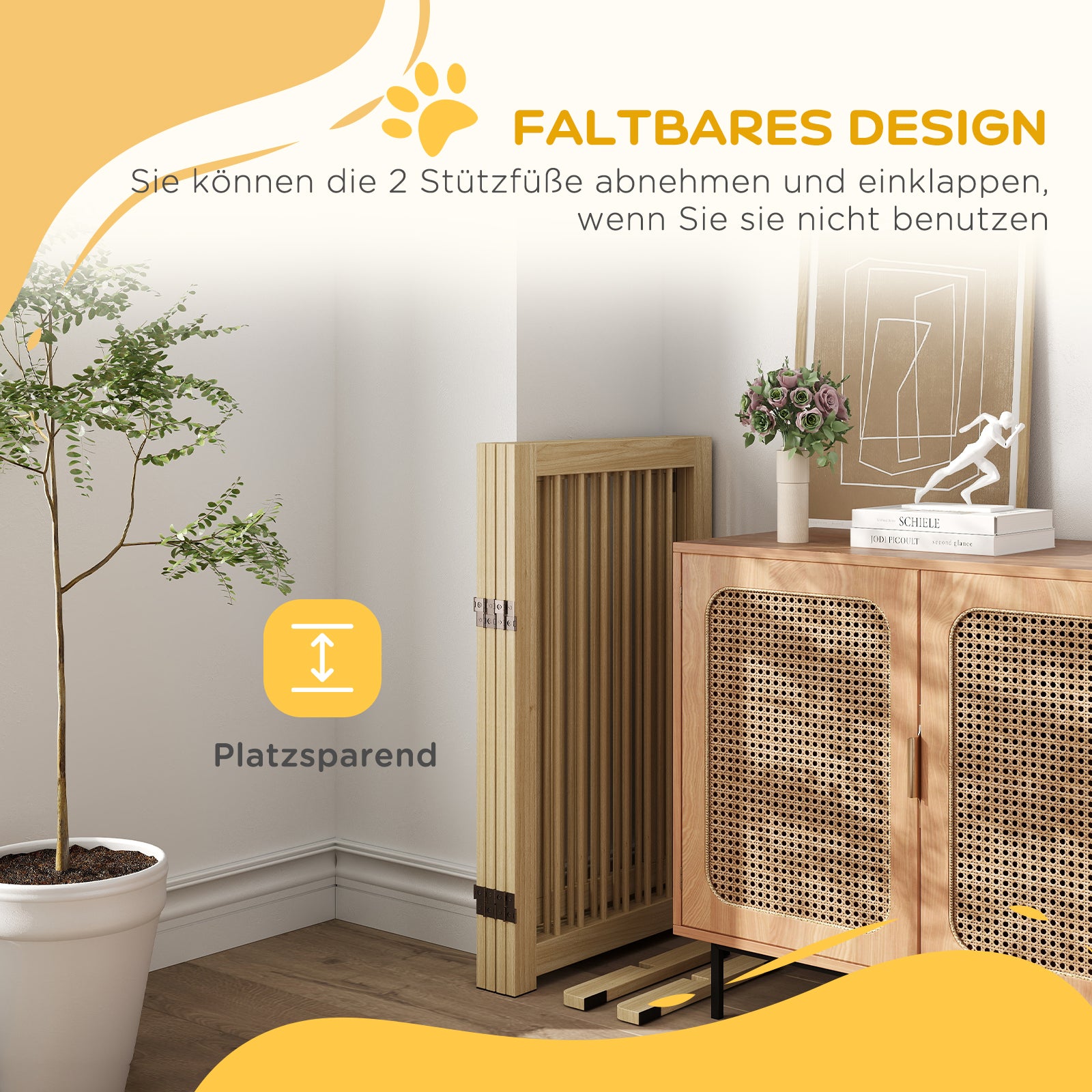 Dog Safety Gate, 4-Piece Foldable Freestanding Door, Wooden