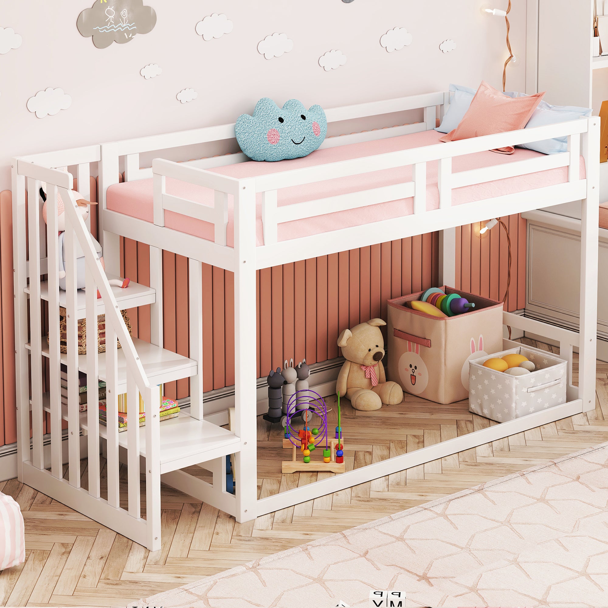 Children's Bed, Low Bunk with Safety Stairs, Solid Wood, White
