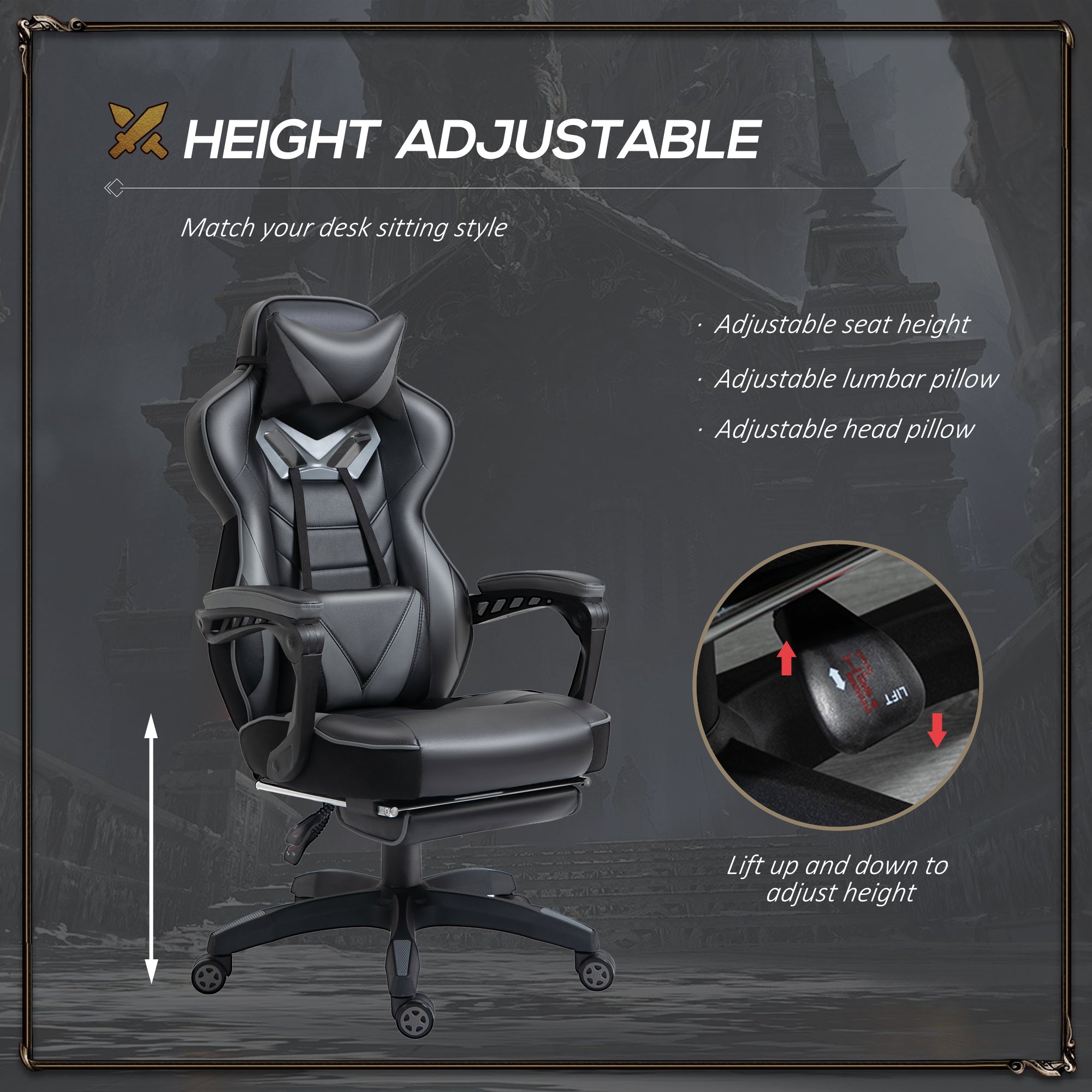 Computer Gaming Chair, Racing Style Lumbar Support Footrest Headrest Swivel Wheels, PU Leather Grey