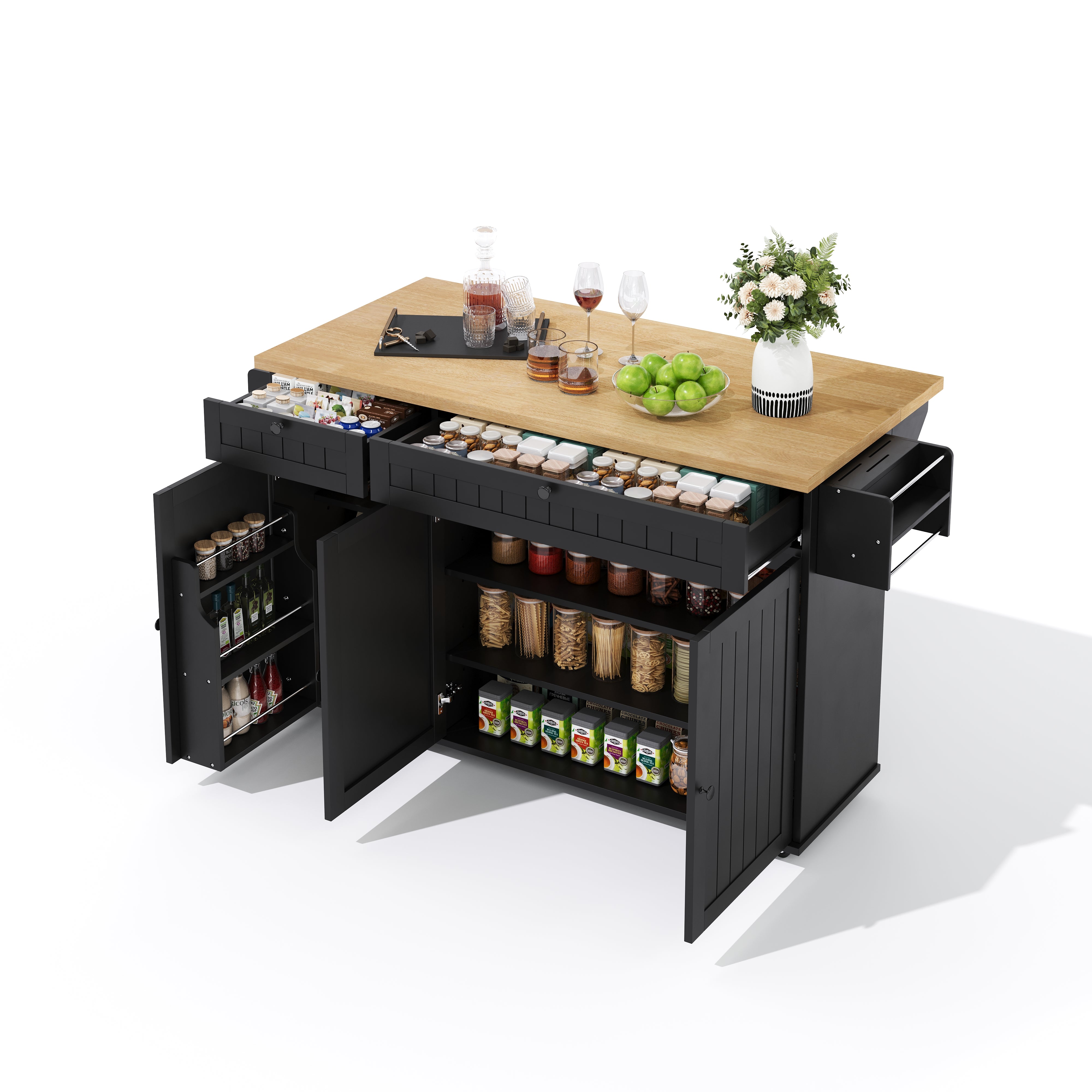 Kitchen Island Cabinet with Fold-Down Worktop, 6 Rolling Casters & Storage Drawers, Black