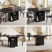 Extendable Round Dining Table, Seats 6 People with Three-tier Storage, Black
