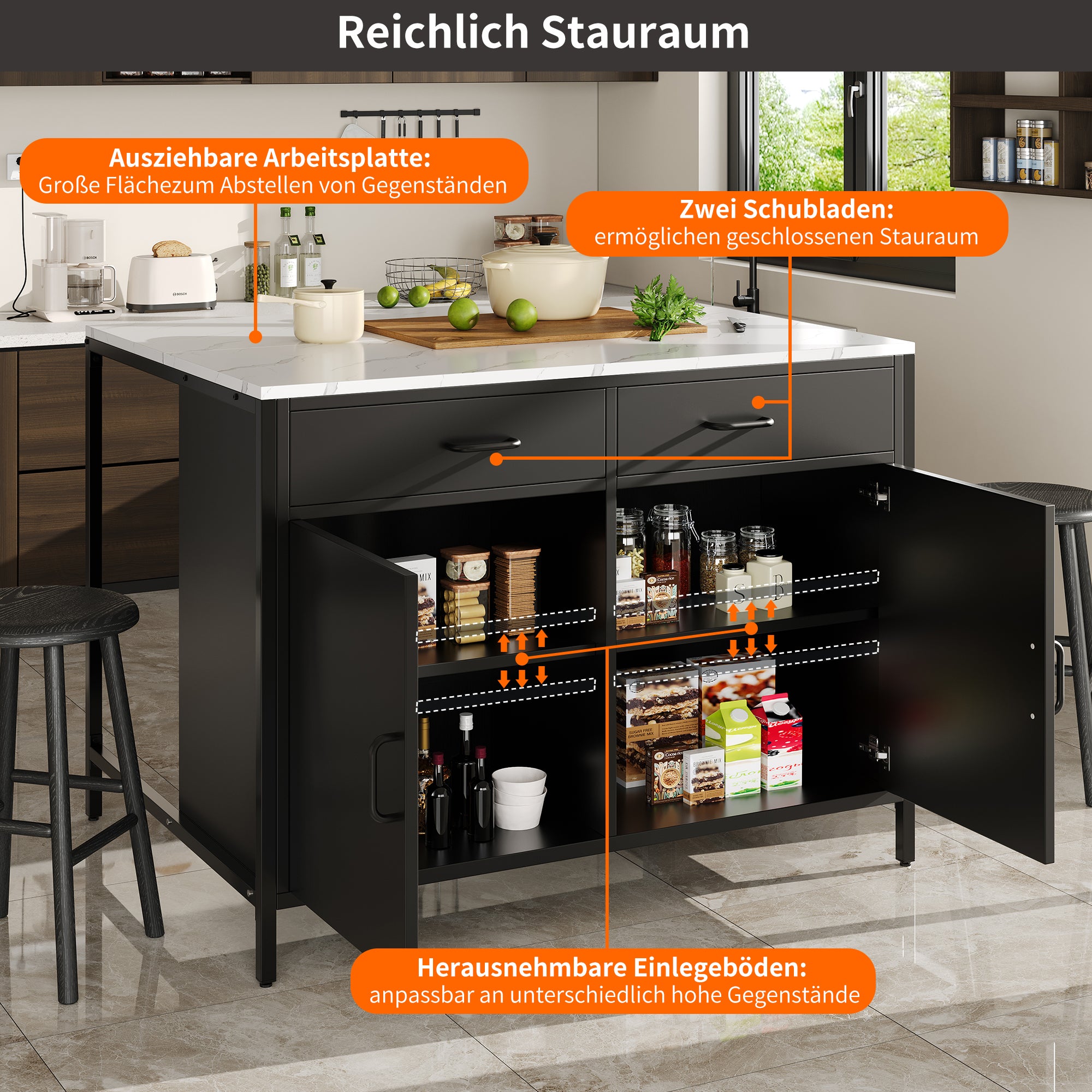 Black Bar Table with Marble Texture Tabletop and Adjustable Feet, MDF