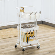 Three-Tier Home Trolley, Handle and Wheels Storage - White