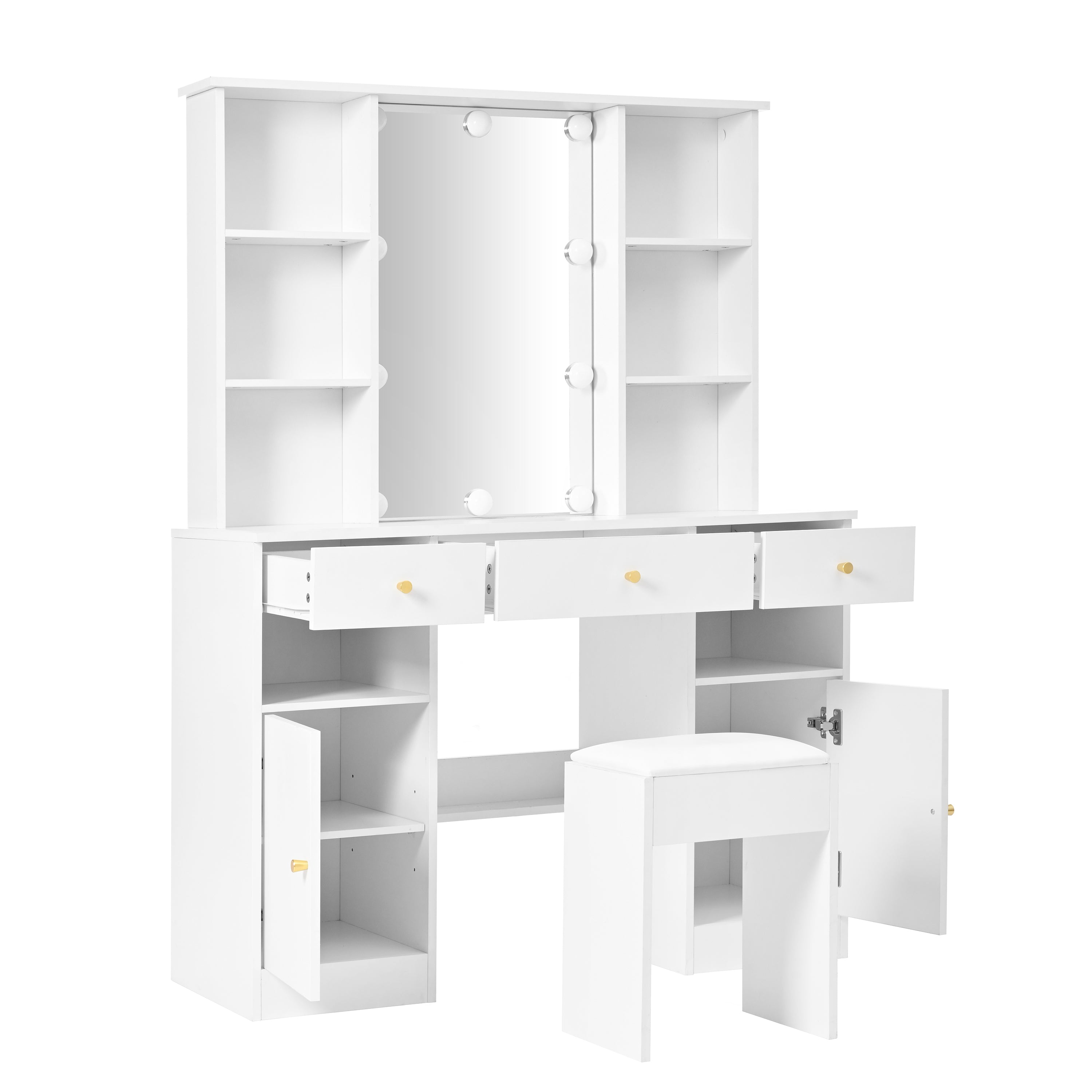 Dressing Table with LED lighting, Mirror, Stool, 3 Drawers, 2 Doors, White