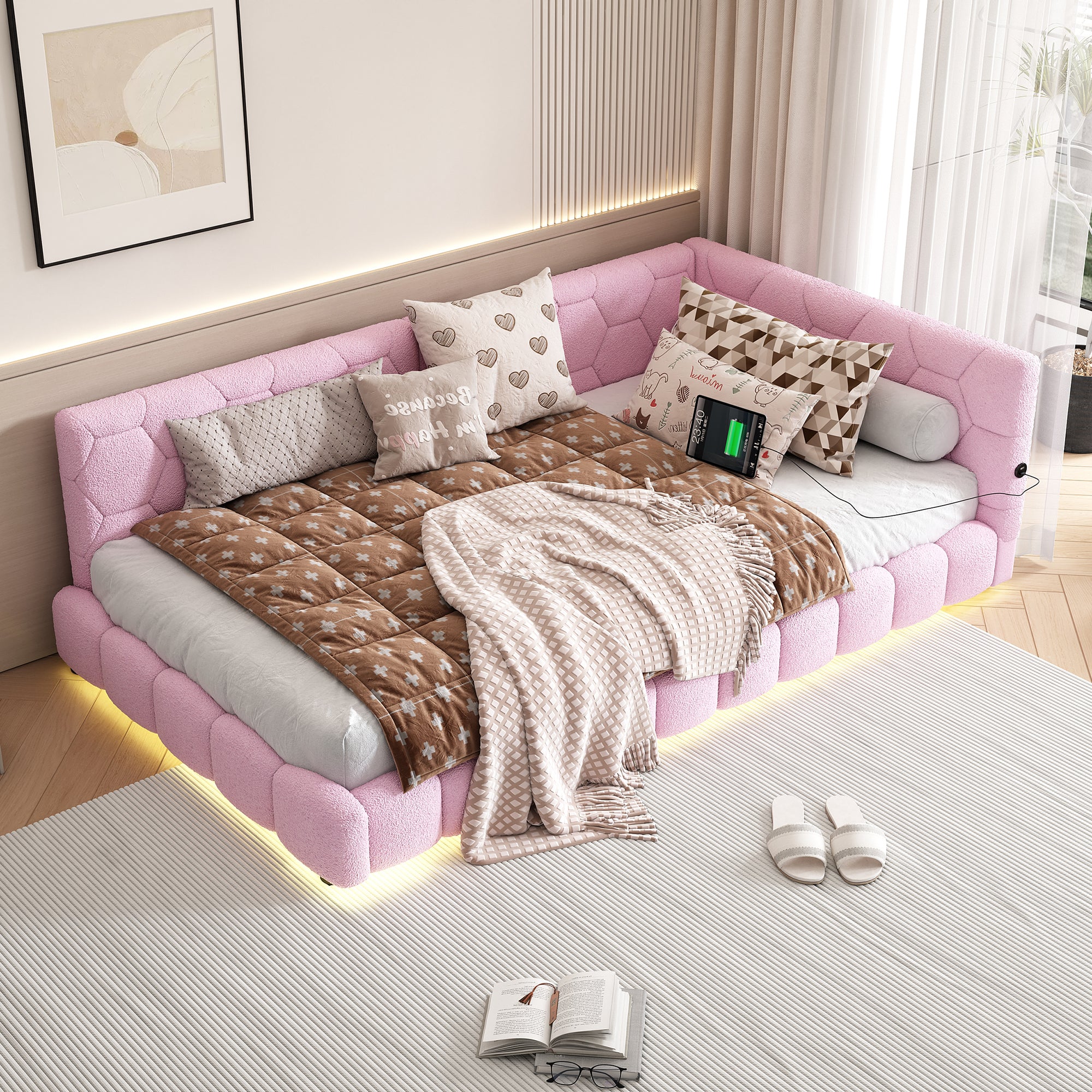 Daybed Sofa Bed 90x200cm with 16 Color LED Light USB/Type-C Faux Fleece Pink