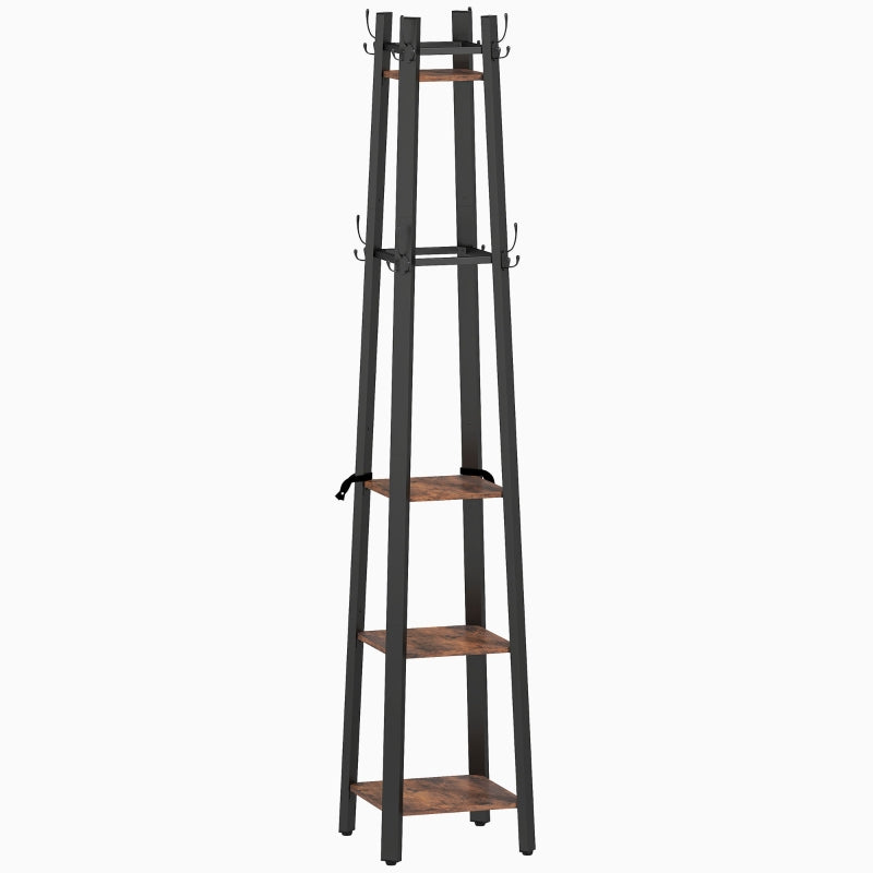 Coat Stand, Four Shelf Industrial Style - Brown/Black