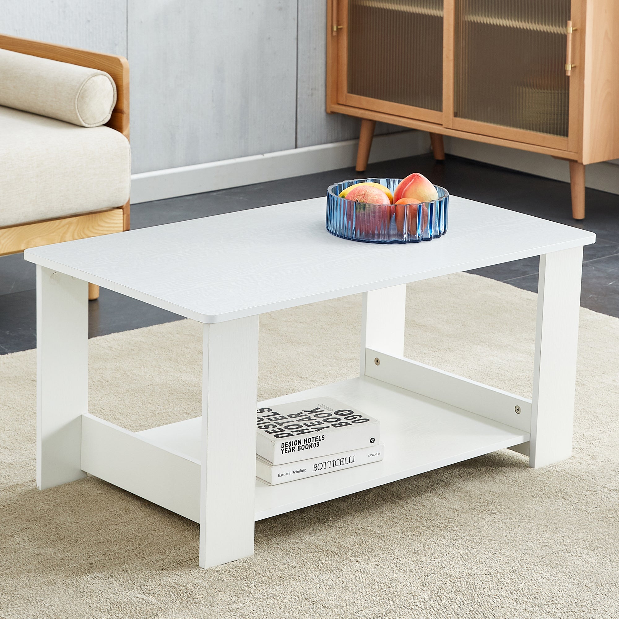 Side Table Modern Simple 90x50x42cm 2-Tier Storage - White Wood Grain