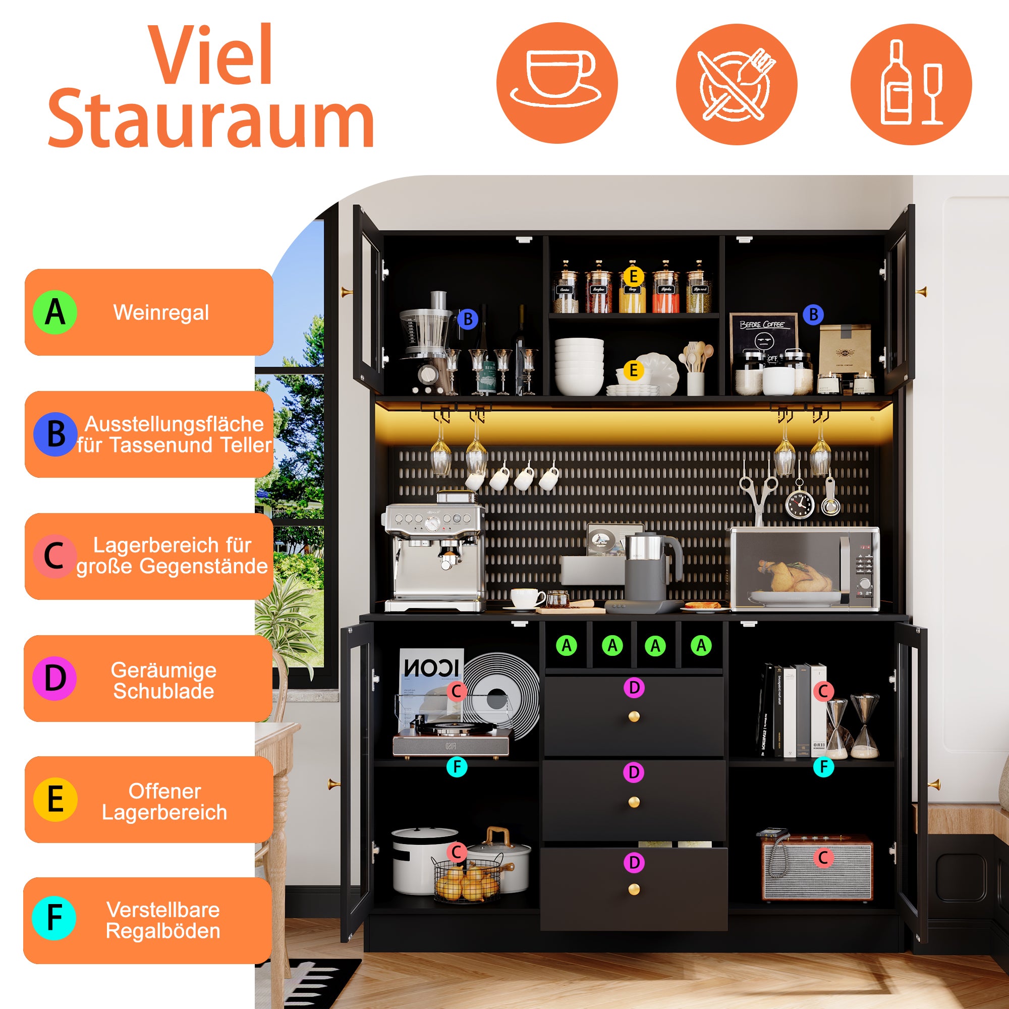 Modern Tall Cabinet with Smart LED Lighting, Wine Rack and Adjustable Shelves, Black