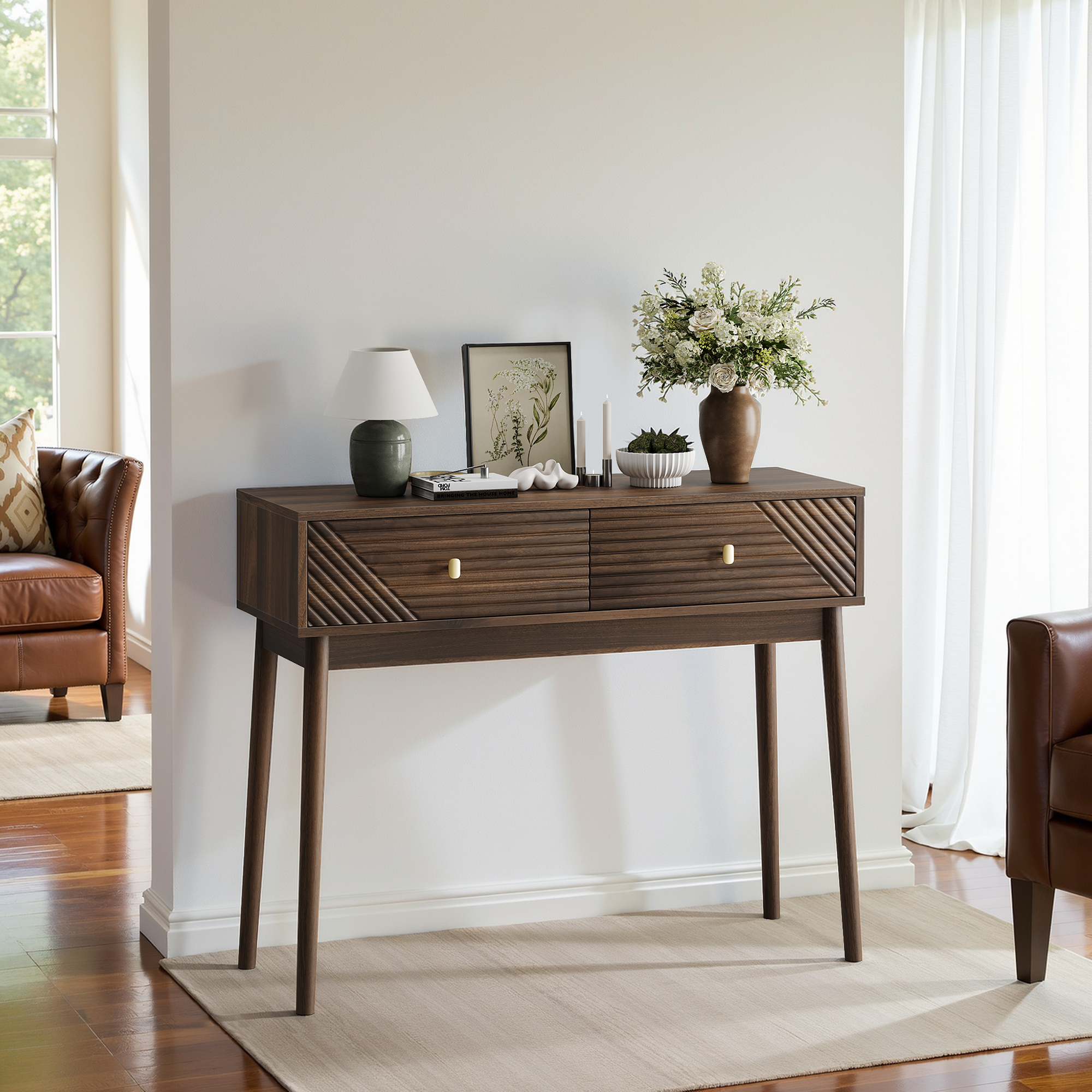 Desk, Console Table with Drawers and Open Shelves, Walnut