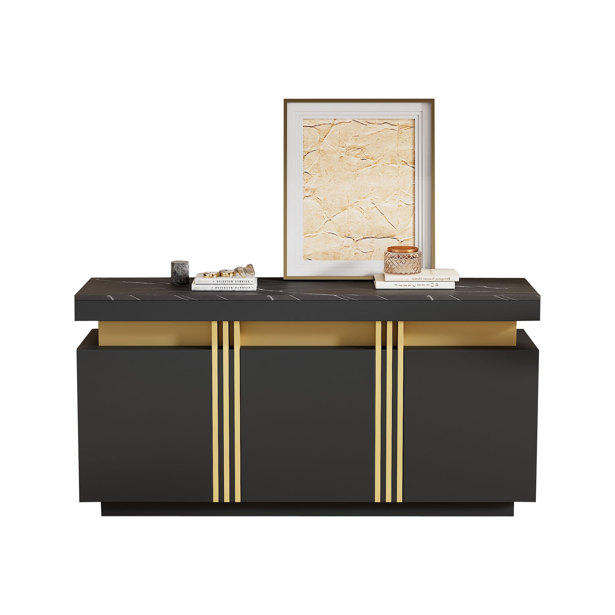 Sideboard, Display Cabinet with 3 Doors, Adjustable Dividers, Black and Gold