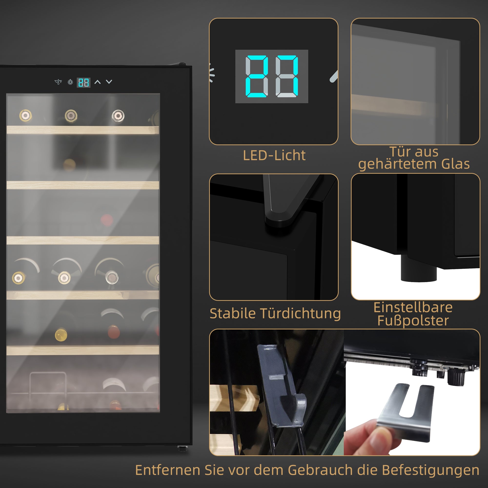 Small Wine Cooler, 24 Bottle Adjustable Temperature LED Lighting, Black